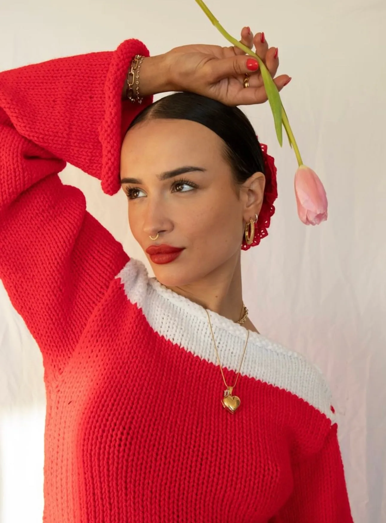 Handmade knitted colour block jumper in red and white