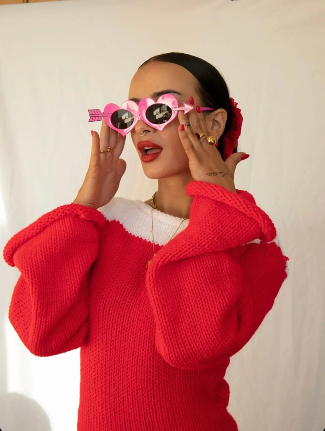 Handmade knitted colour block jumper in red and white