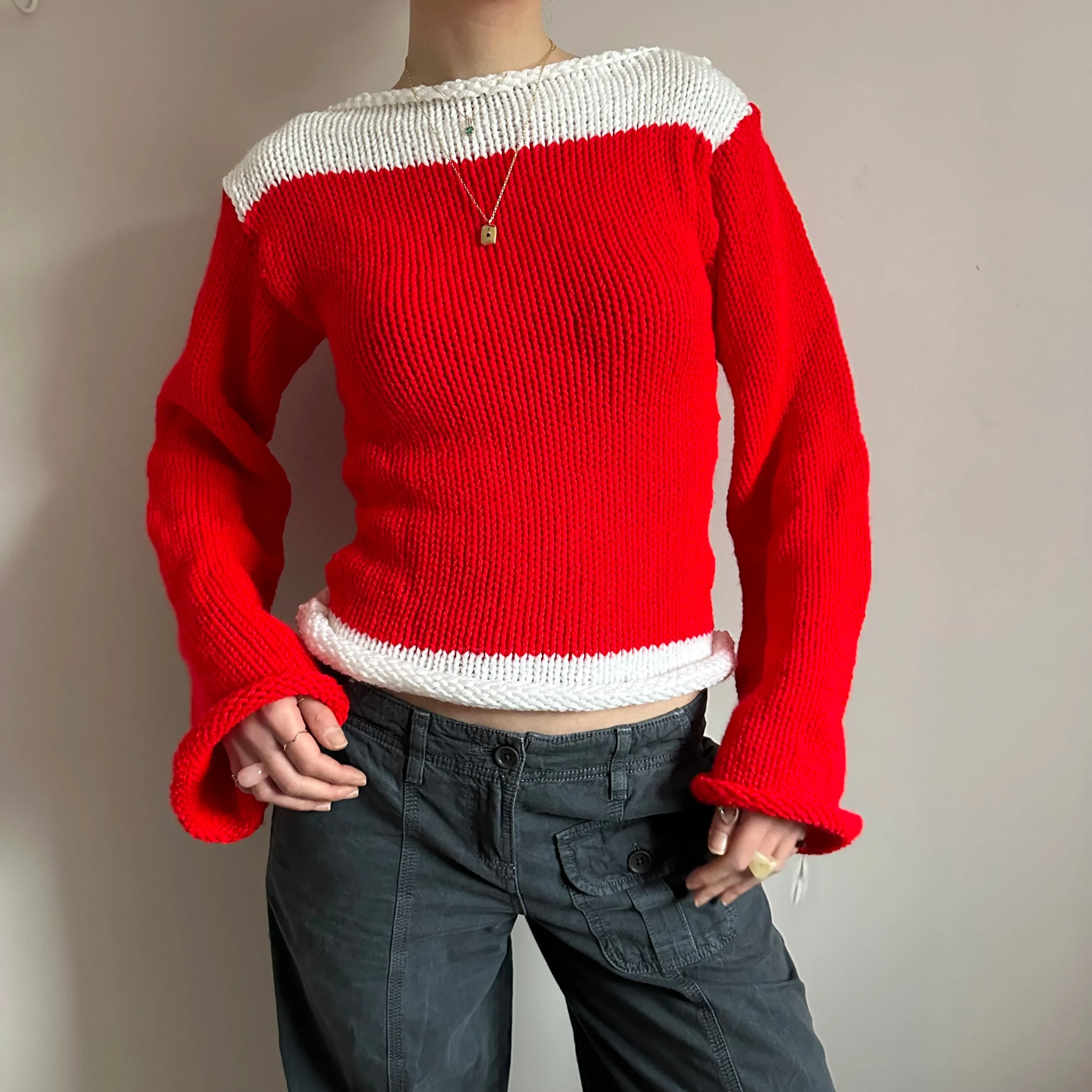 Handmade knitted colour block jumper in red and white