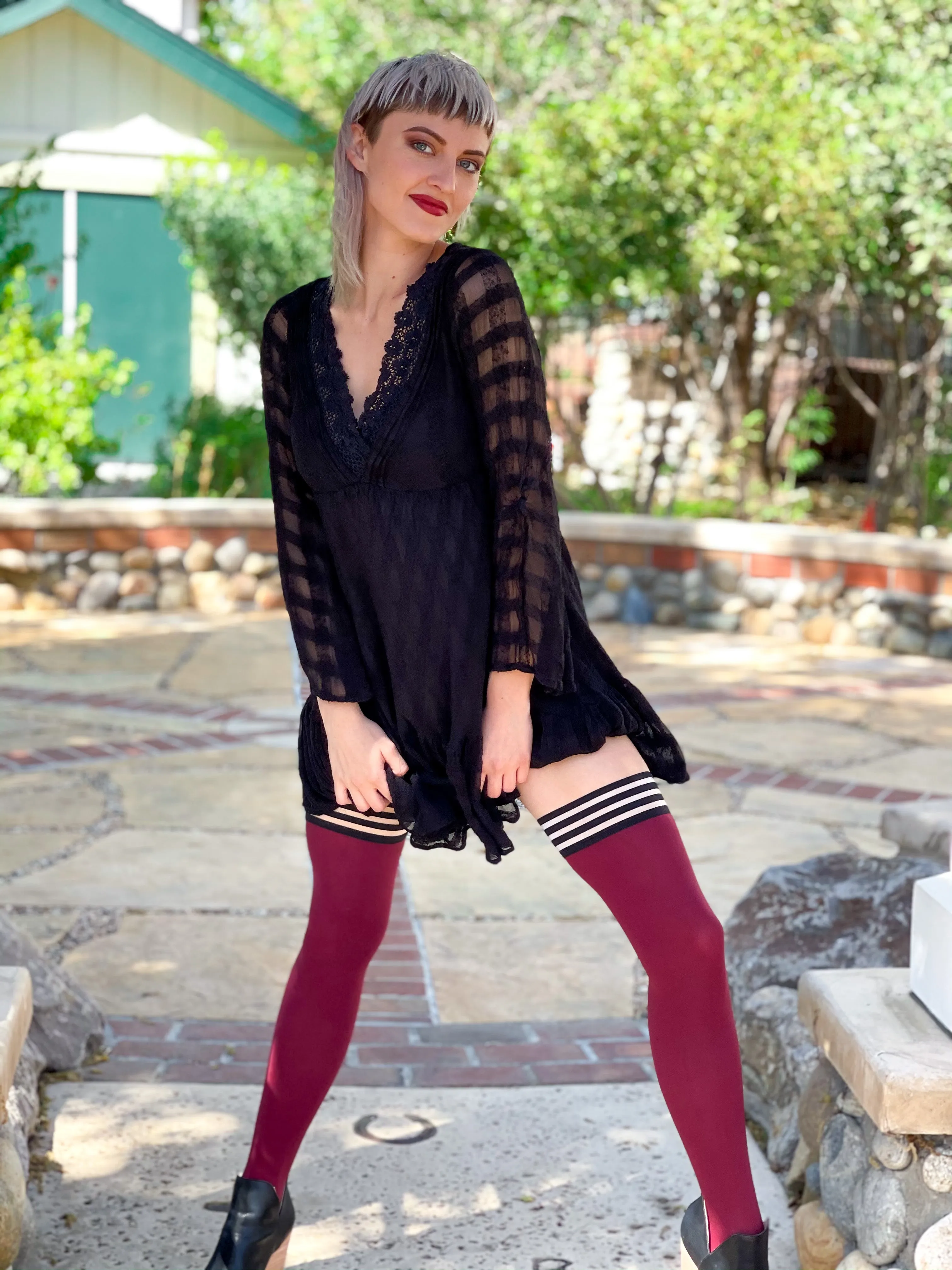 Heather: Cabernet Opaque Thigh Highs. Petite to Plus Size