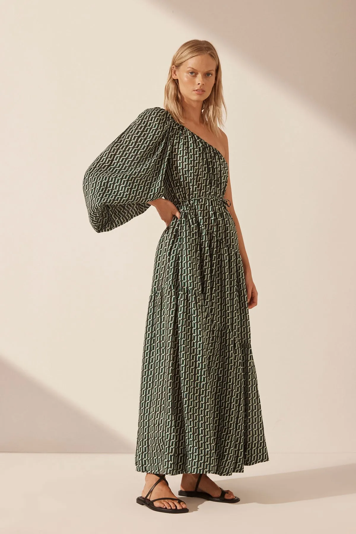 IDA LINEN LONG SLEEVE ONE SHOULDER TIERED MAXI DRESS