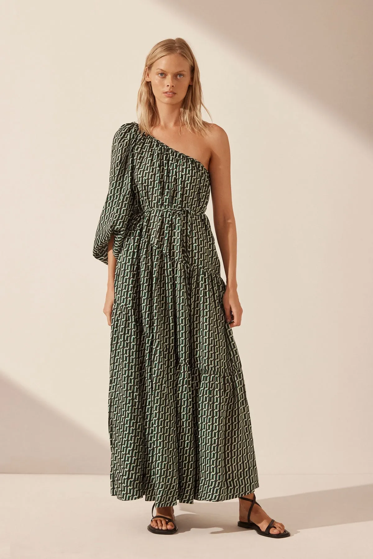 IDA LINEN LONG SLEEVE ONE SHOULDER TIERED MAXI DRESS