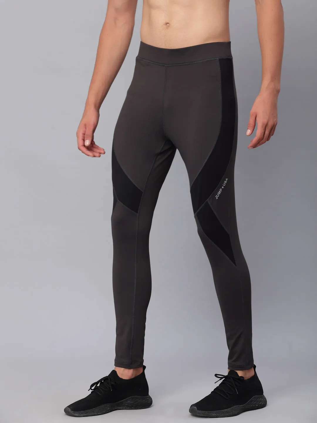 JUMP USA Men Charcoal & Black Rapid Dry-Fit Antimicrobial Running Tights