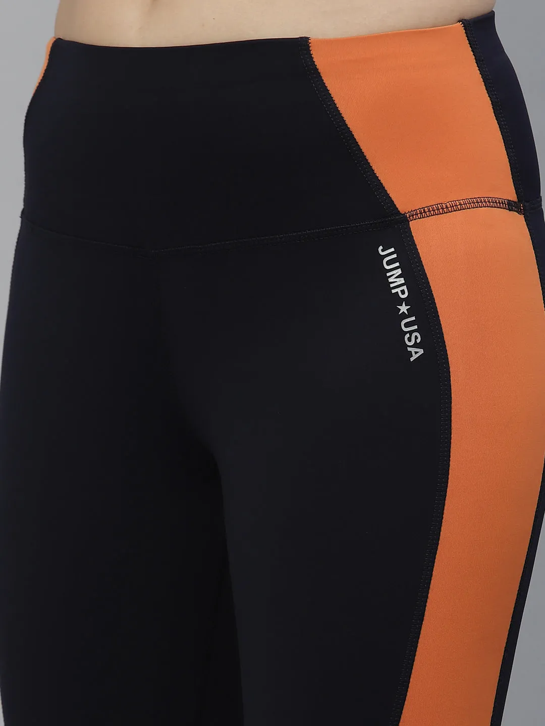 JUMP USA Women Navy Blue & Orange Rapid-Dry Fit Running Tights