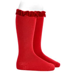 knee High Socks With Velvet Ruffle | Red Velvet