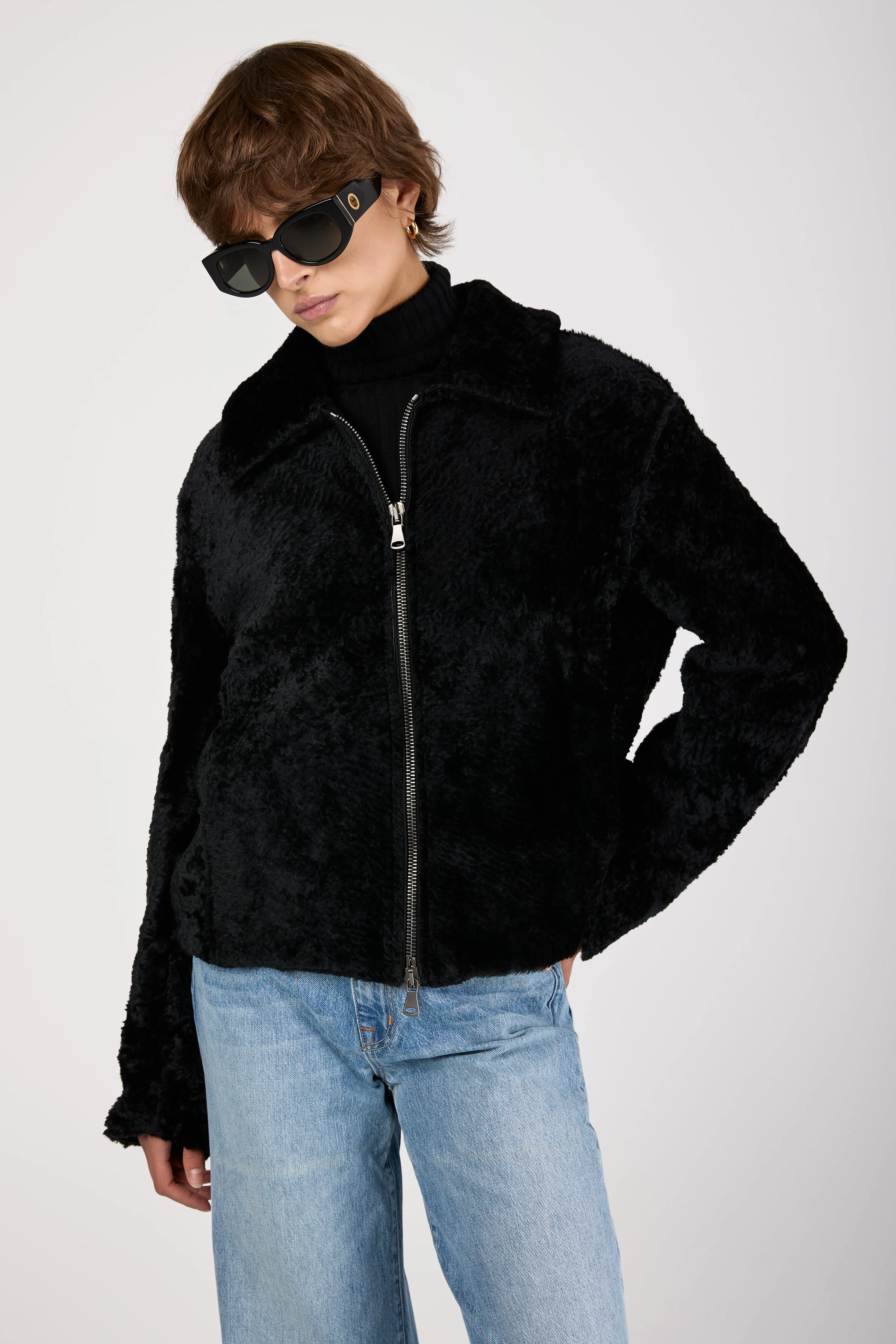 Lamb Shearling Leather Jacket in Black