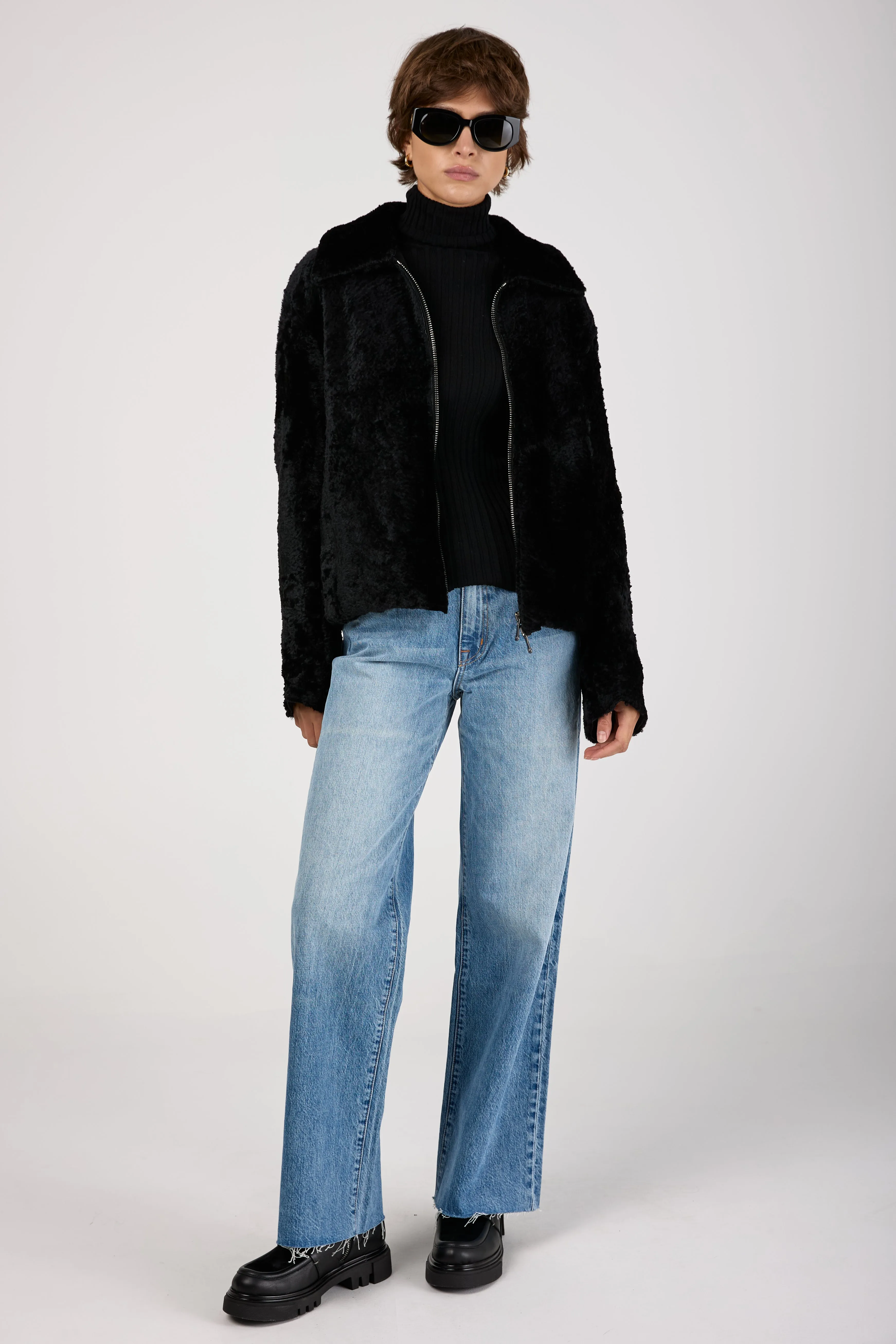 Lamb Shearling Leather Jacket in Black