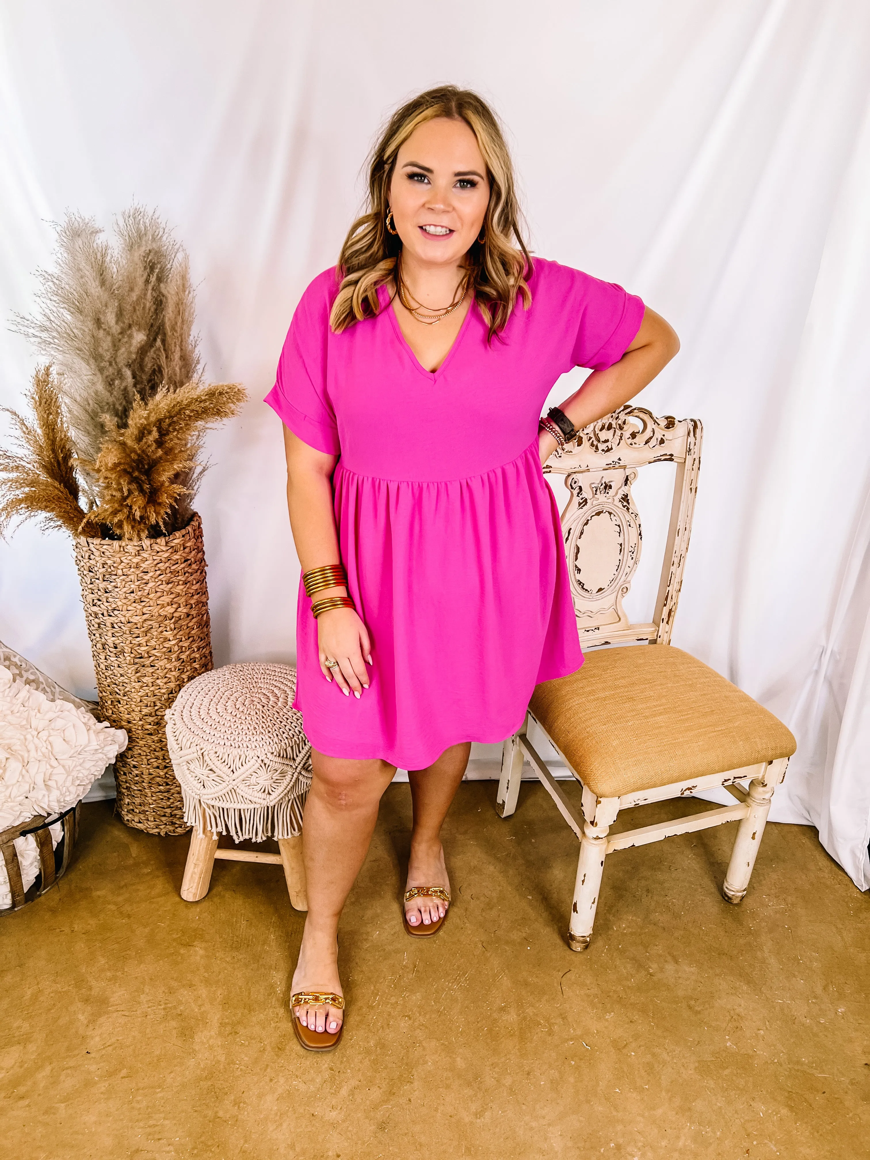 Last Chance Size XL | Touring the City V Neck Babydoll Dress in Fuchsia Pink