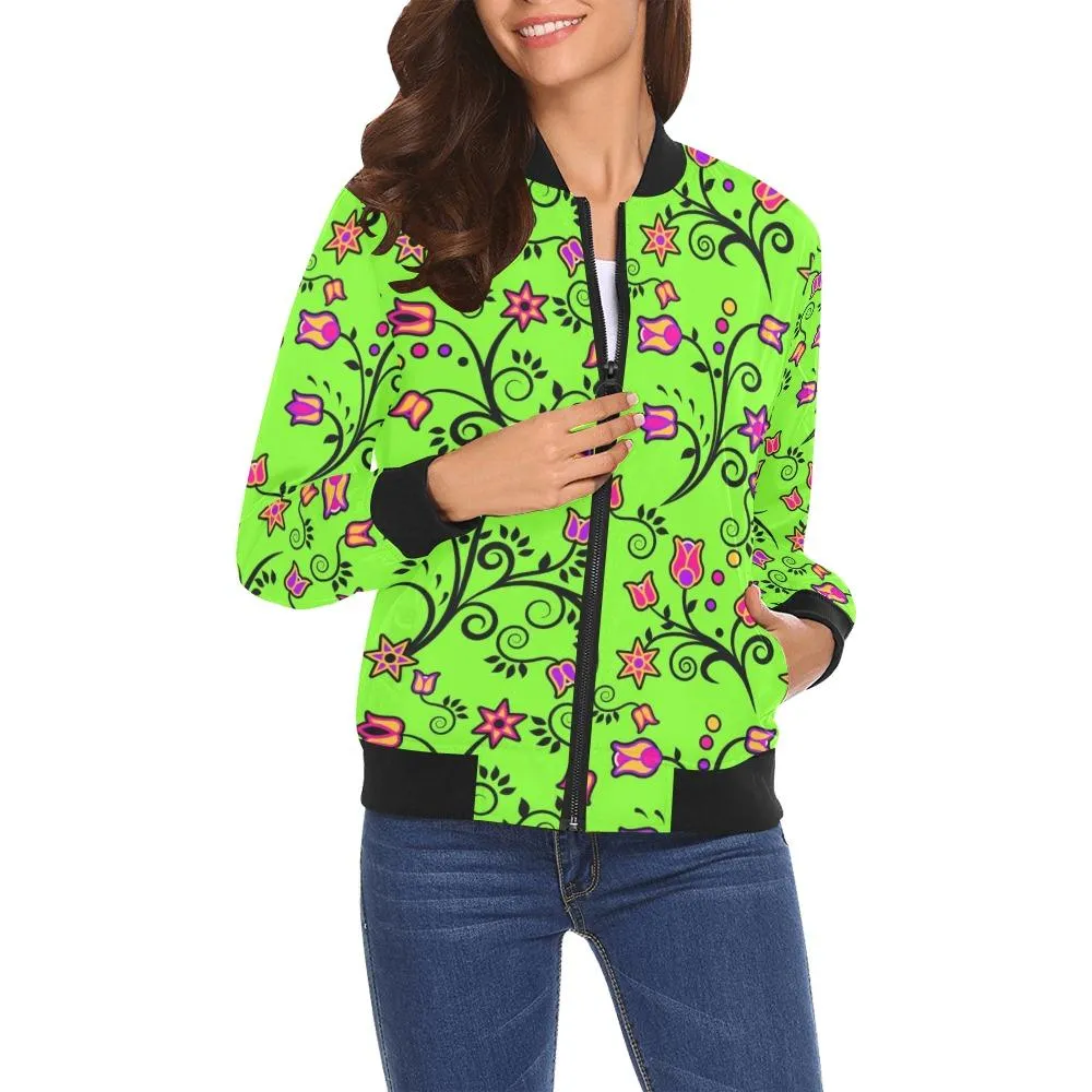 LightGreen Yellow Star Bomber Jacket for Women