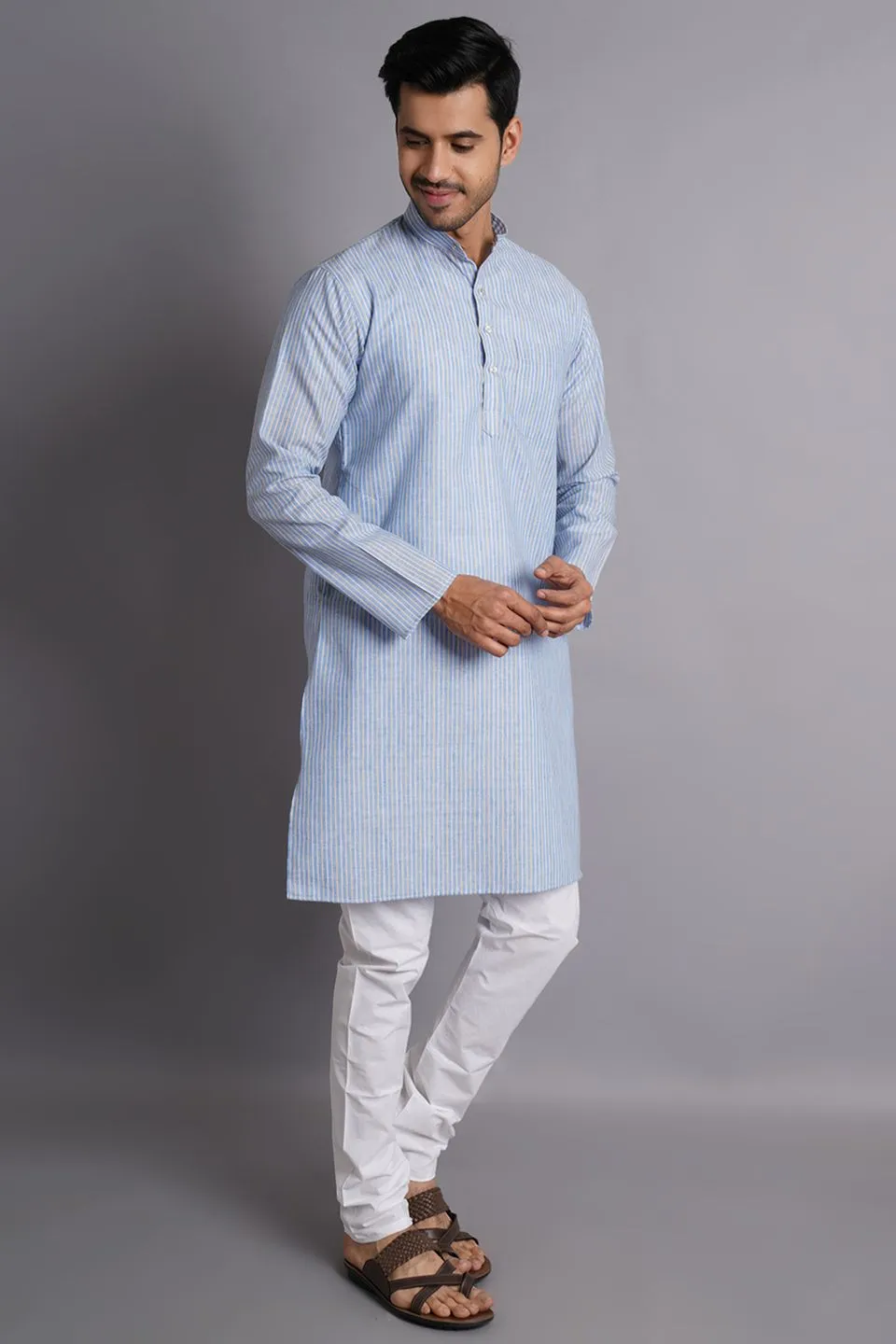 Linen Cotton Blue Striped Long Kurta Pajama