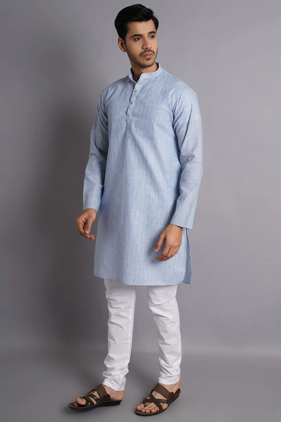 Linen Cotton Blue Striped Long Kurta Pajama