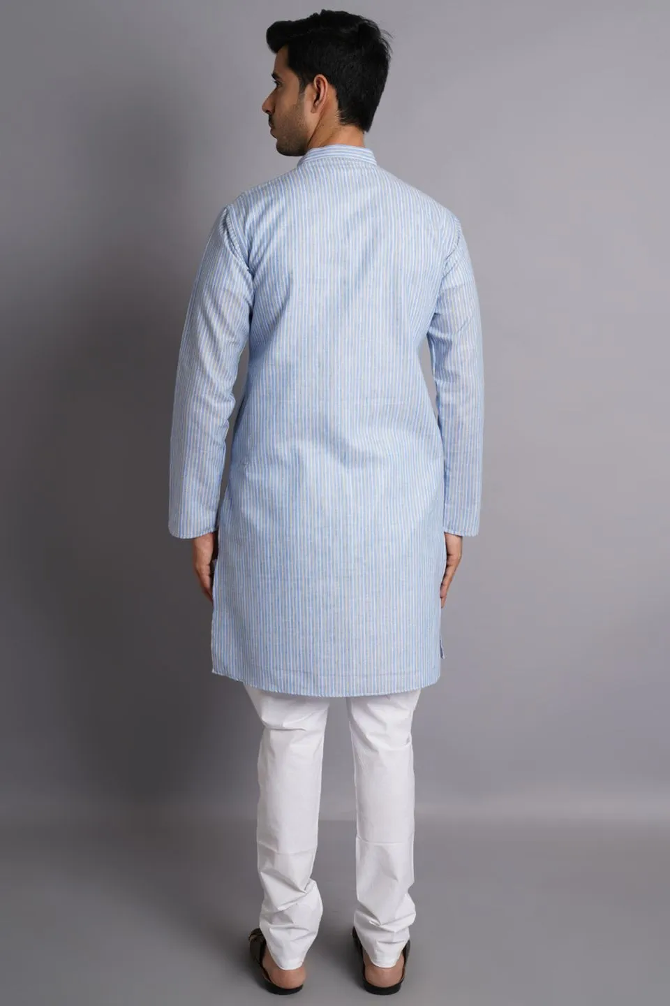 Linen Cotton Blue Striped Long Kurta Pajama