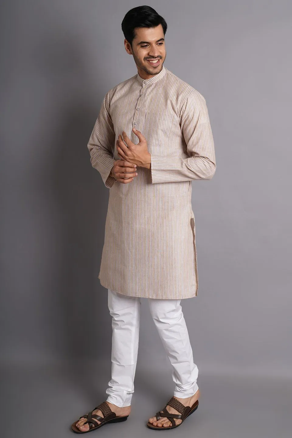 Linen Cotton Brown Striped Long Kurta Pajama