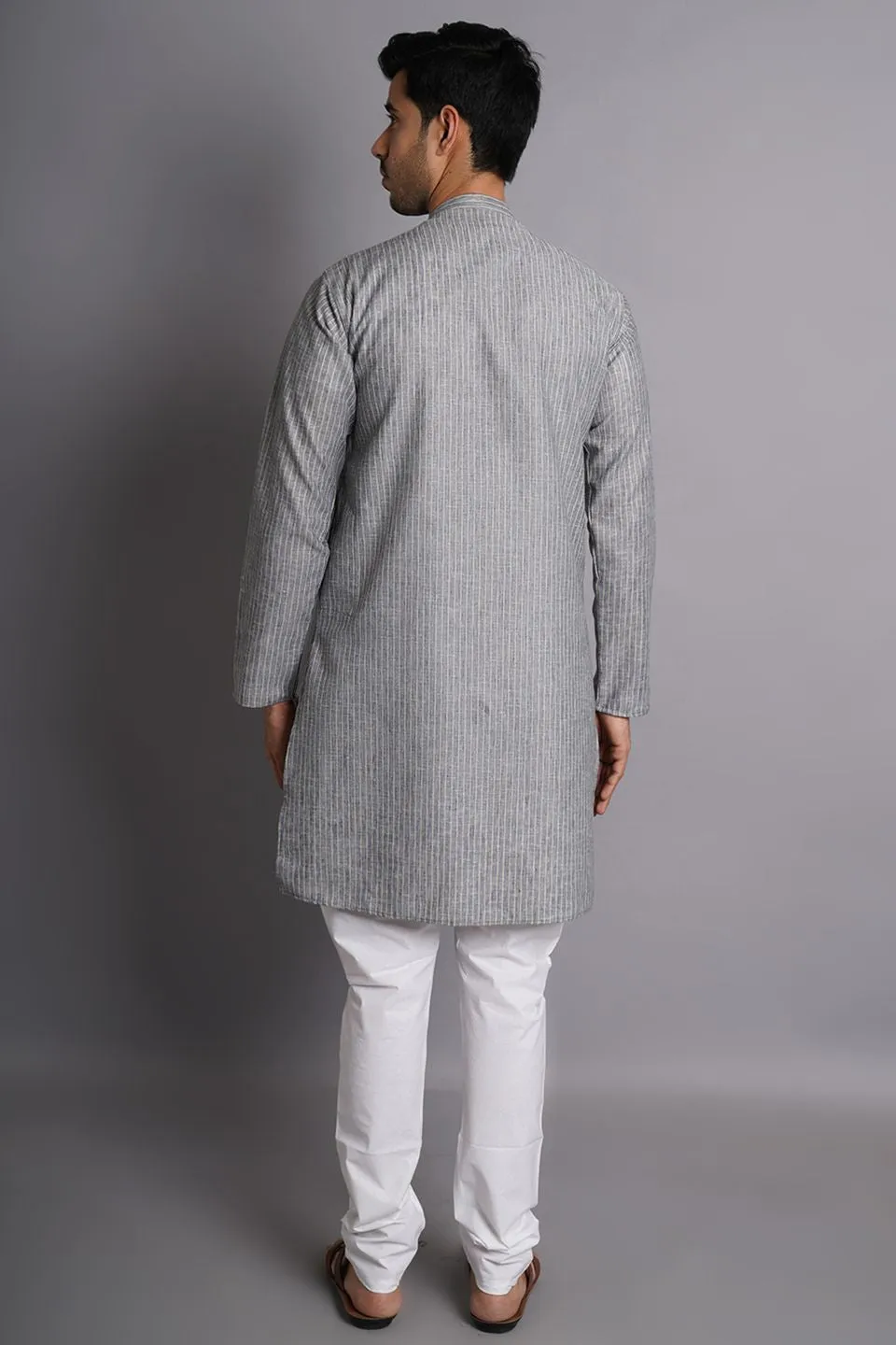 Linen Cotton Grey Striped Long Kurta Pajama