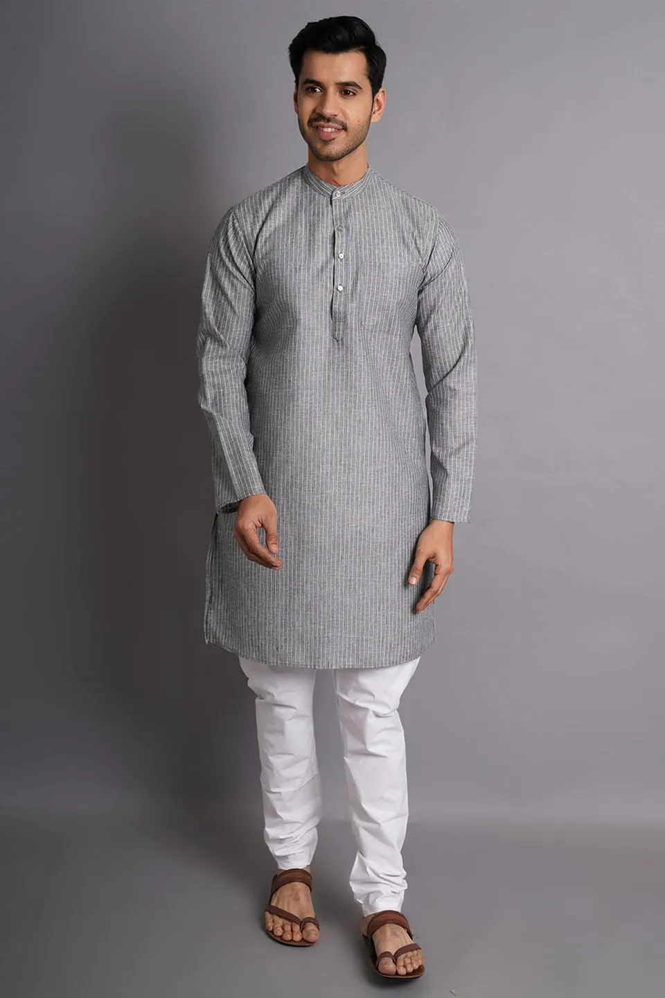 Linen Cotton Grey Striped Long Kurta Pajama