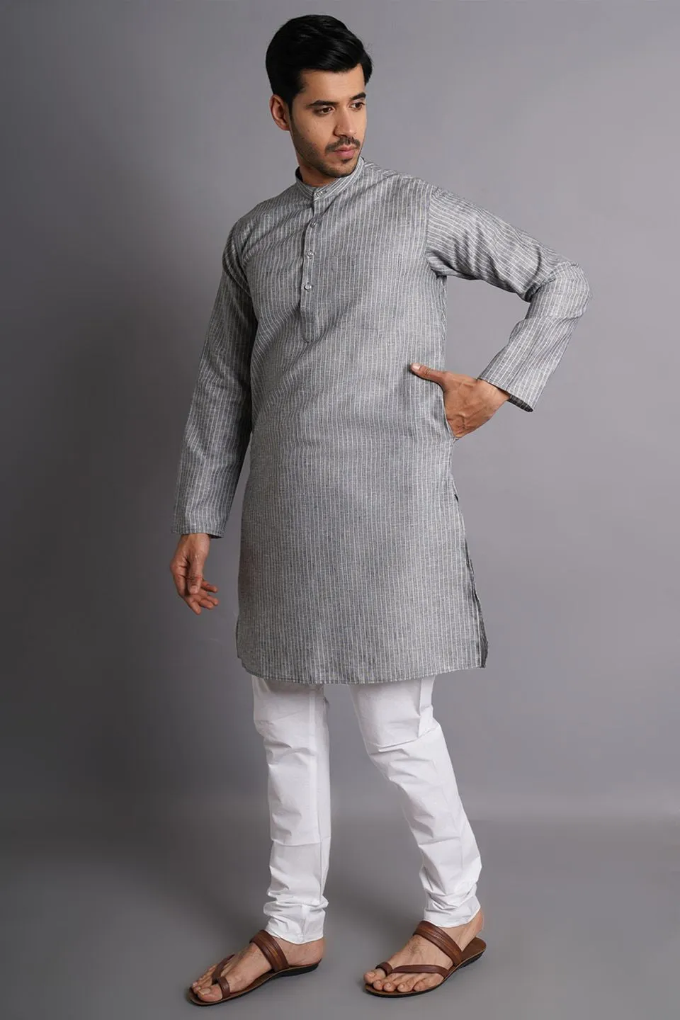 Linen Cotton Grey Striped Long Kurta Pajama