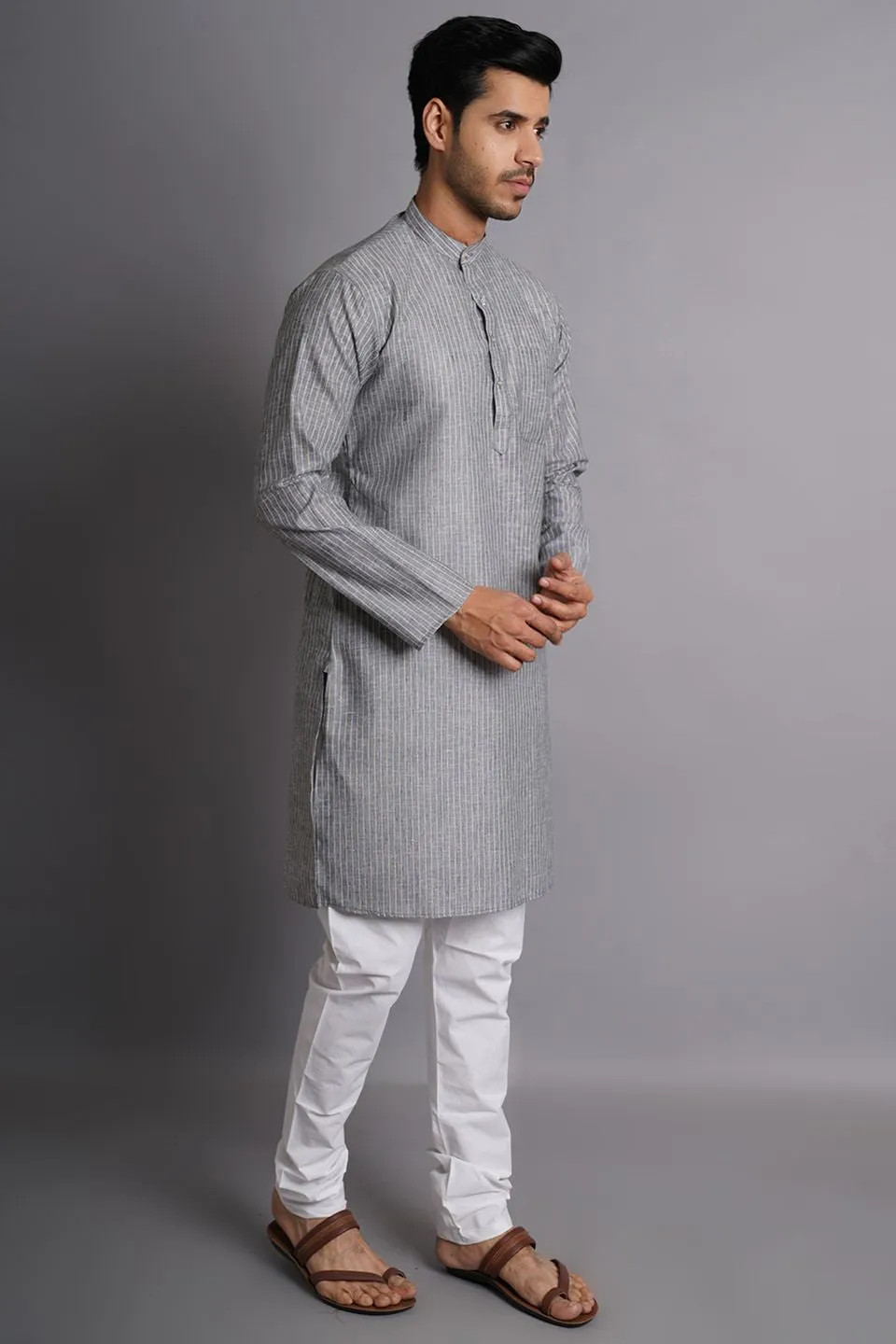 Linen Cotton Grey Striped Long Kurta Pajama