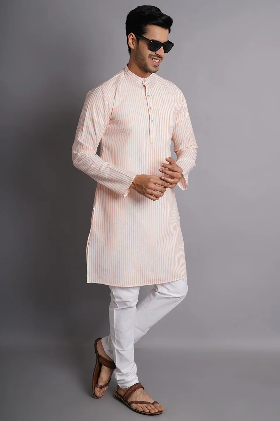 Linen Cotton Orange Striped Long Kurta Pajama