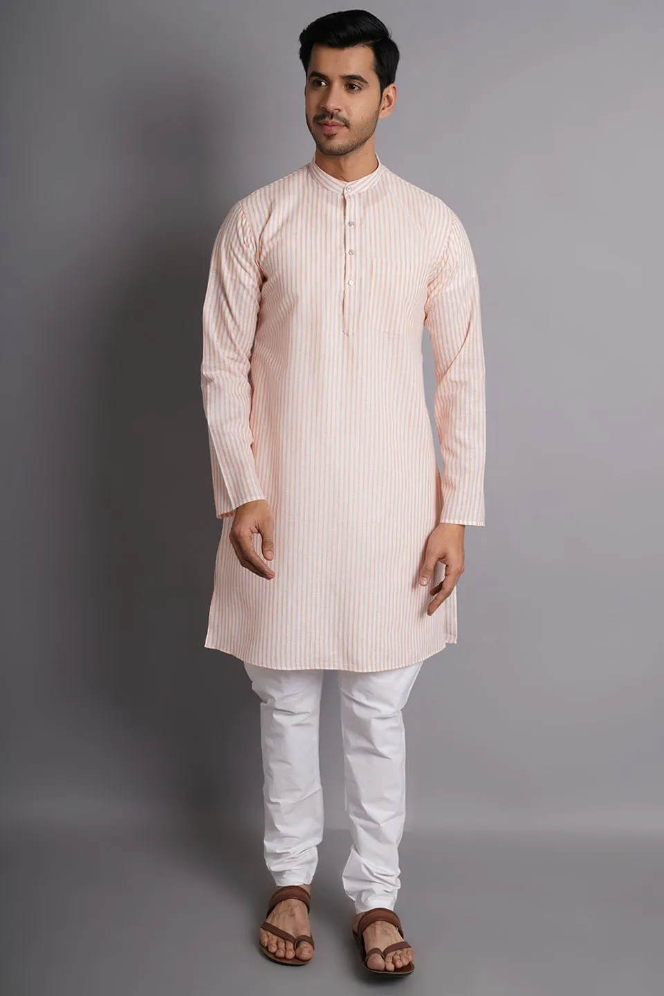 Linen Cotton Orange Striped Long Kurta Pajama