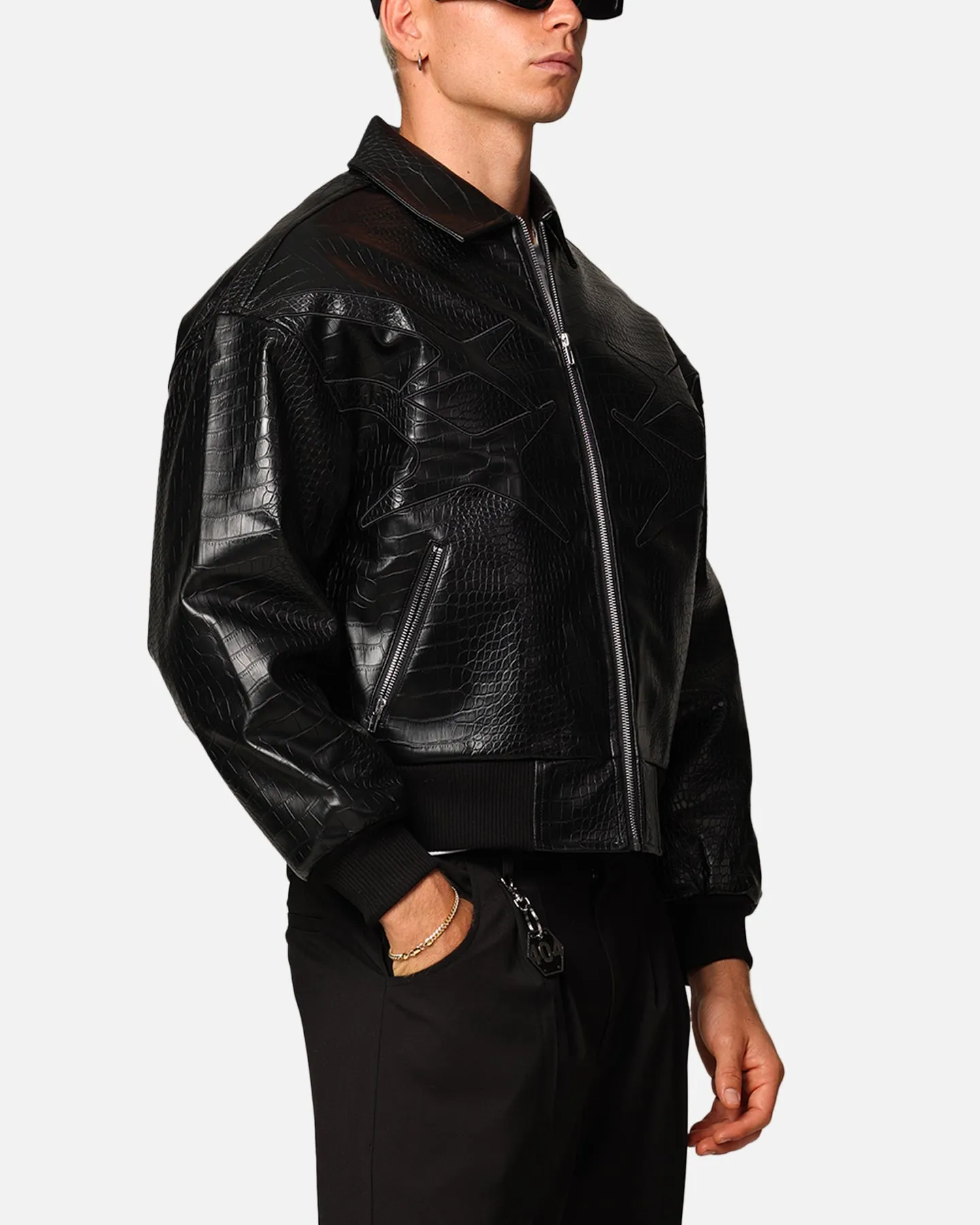 Loiter Atmosphere PU Leather Bomber Jacket Black