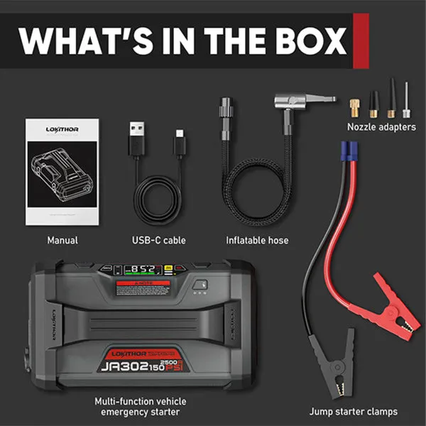 LOKITHOR - JA302 - Lithium Jump Starter - 150PSI Air Compressor - 2500A -  USB Port - w/LED Flashlight - 12V