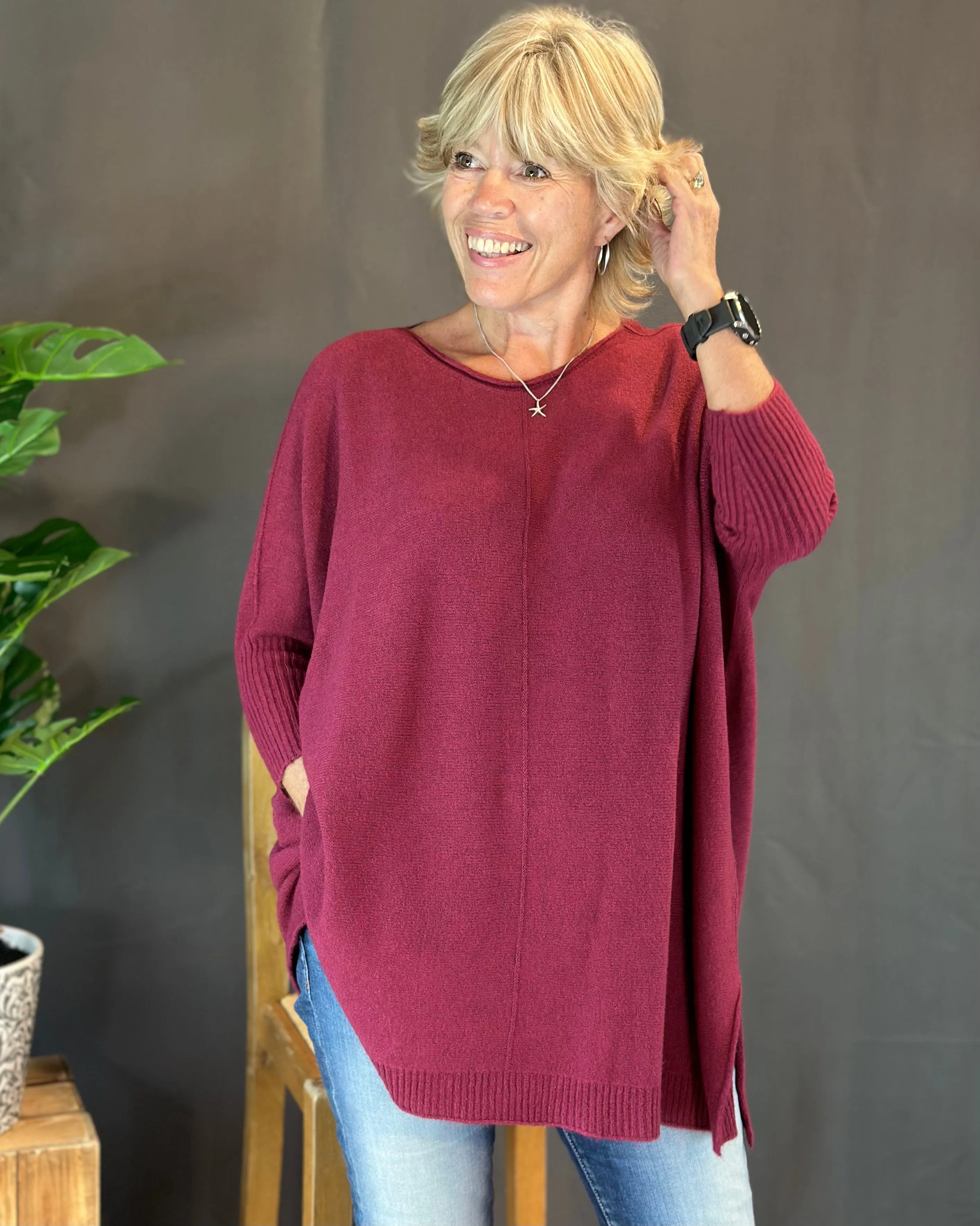 Longline Slouchy Jumper - Wine