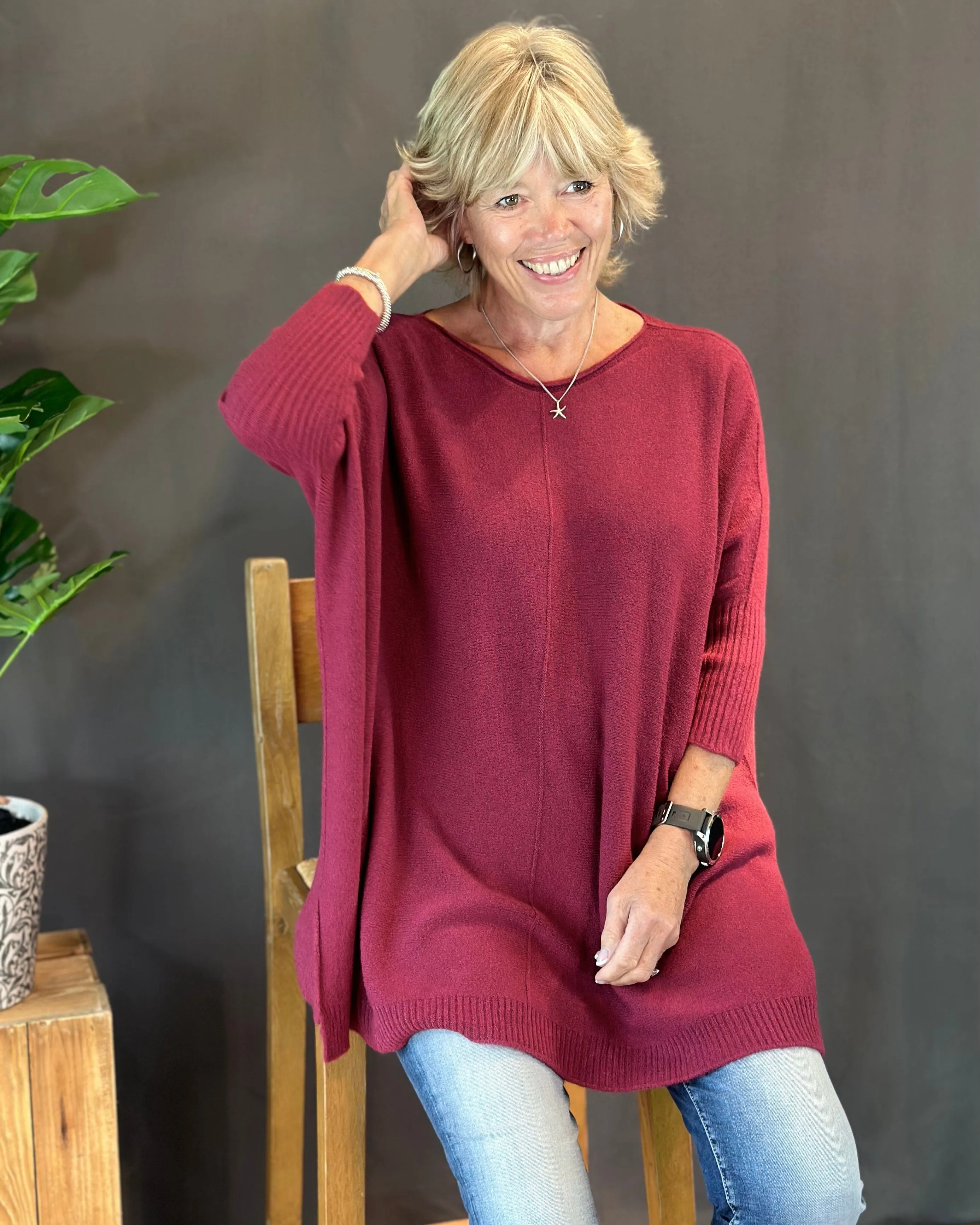 Longline Slouchy Jumper - Wine