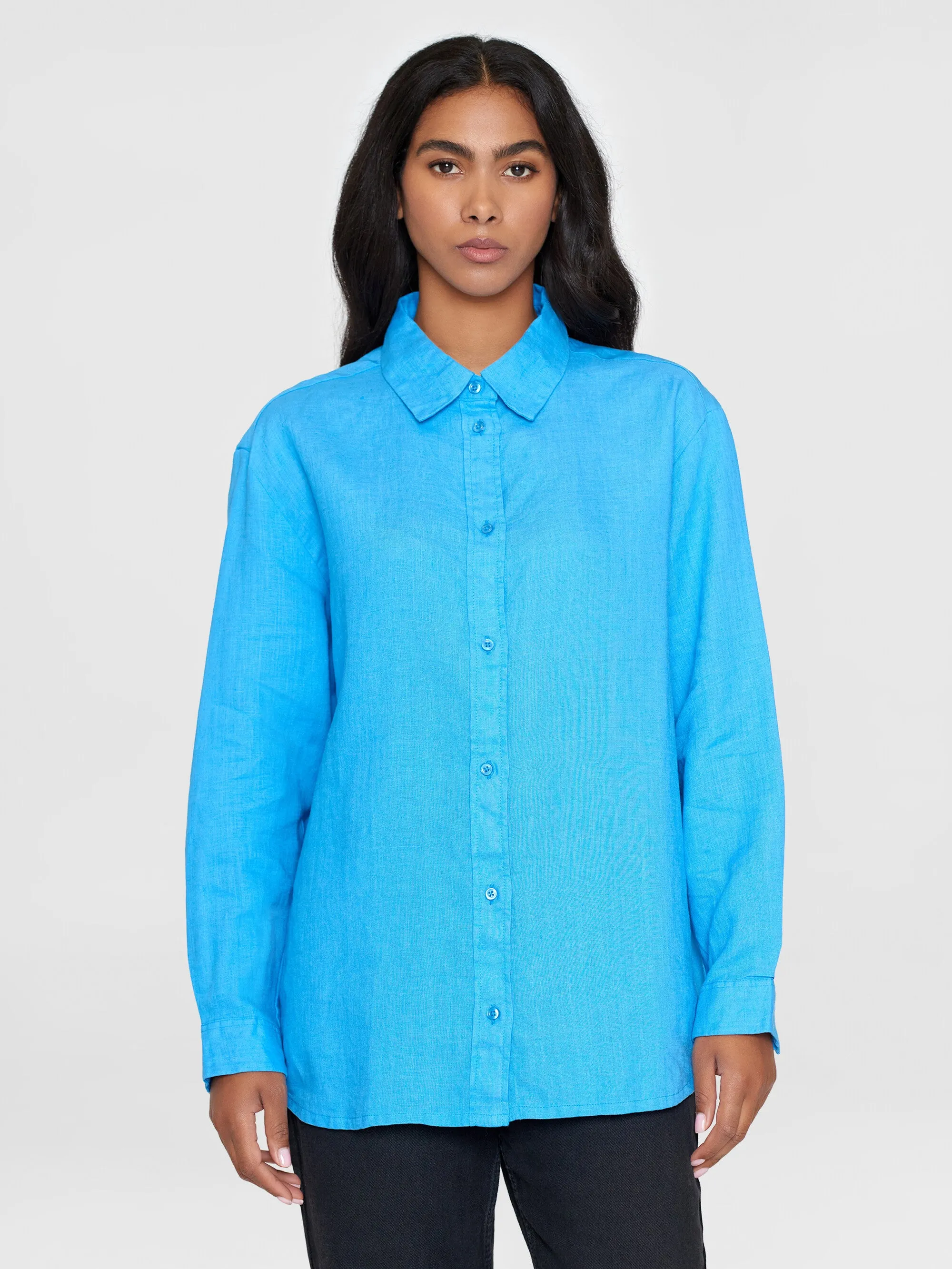 Loose linen long sleeved shirt - GOTS/Vegan - Malibu Blue