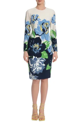 Maggy London Crew Neck Long Sleeve Floral Print Bodycon Jersey Dress