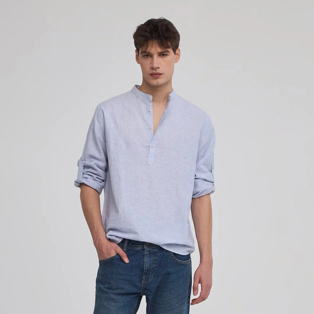 Mandarin Collar Long Roll Up Sleeves Shirt