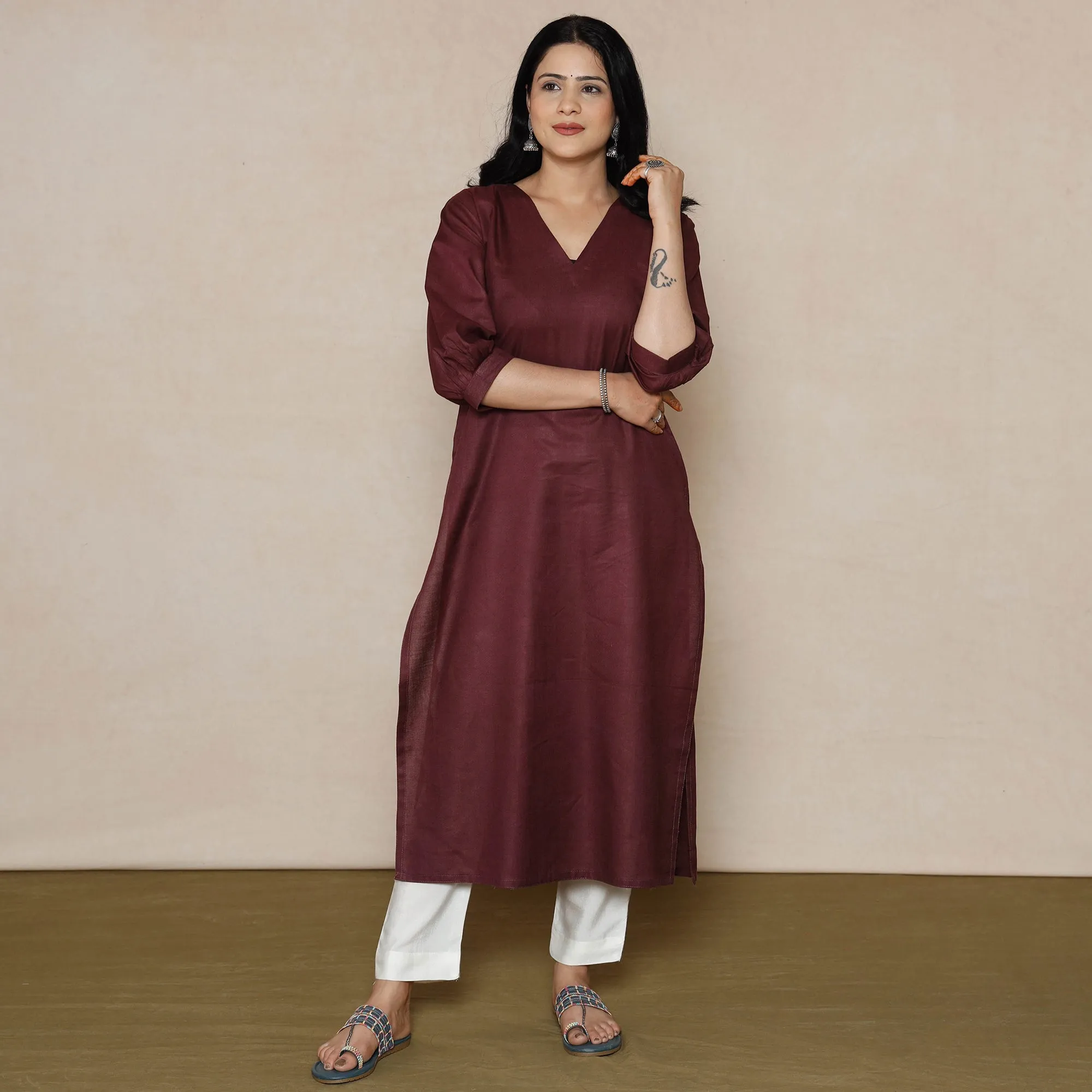 Maroon - Linen Viscose Plain Long Kurta