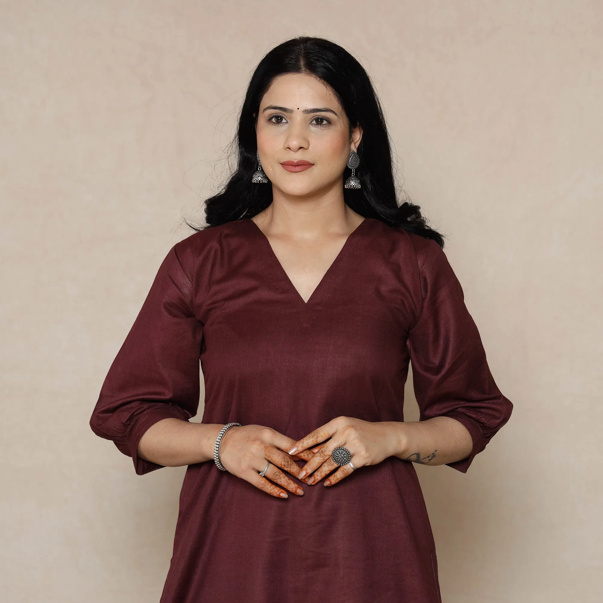 Maroon - Linen Viscose Plain Long Kurta