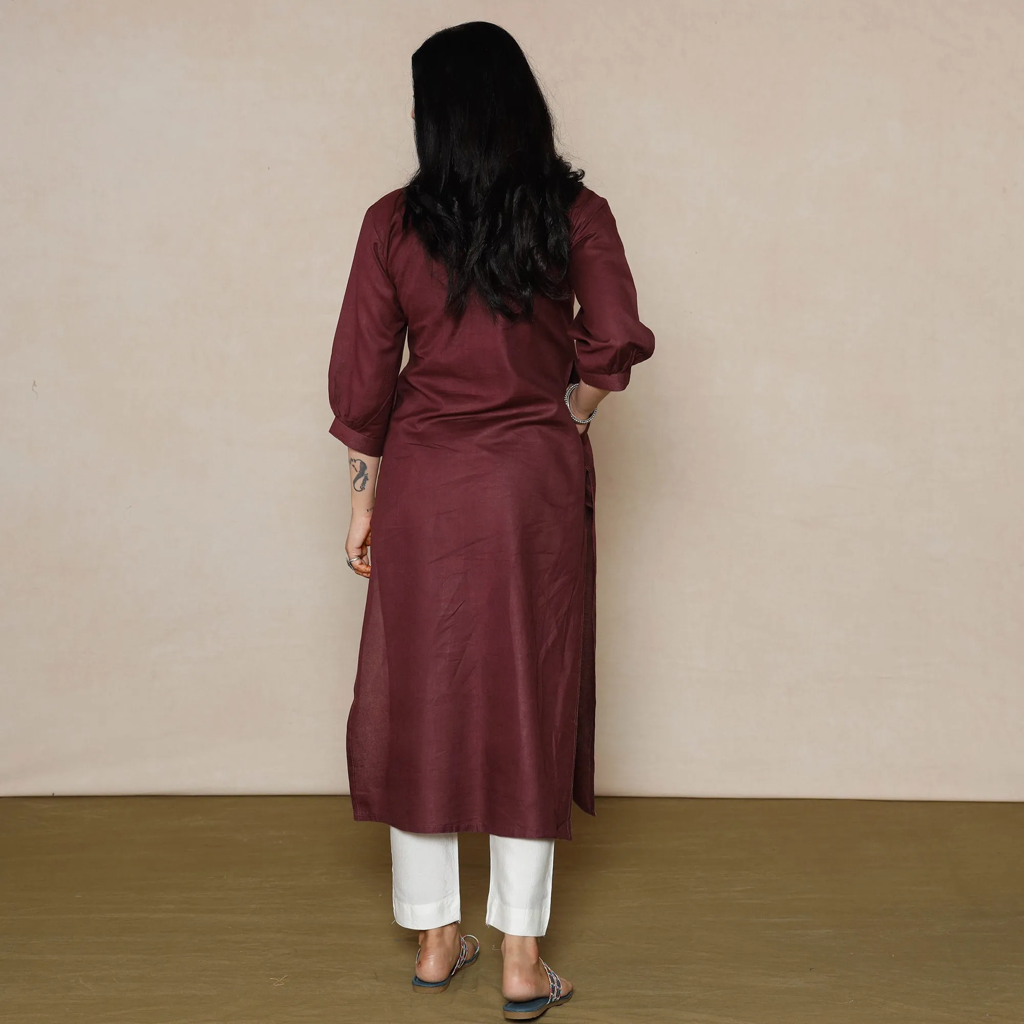 Maroon - Linen Viscose Plain Long Kurta