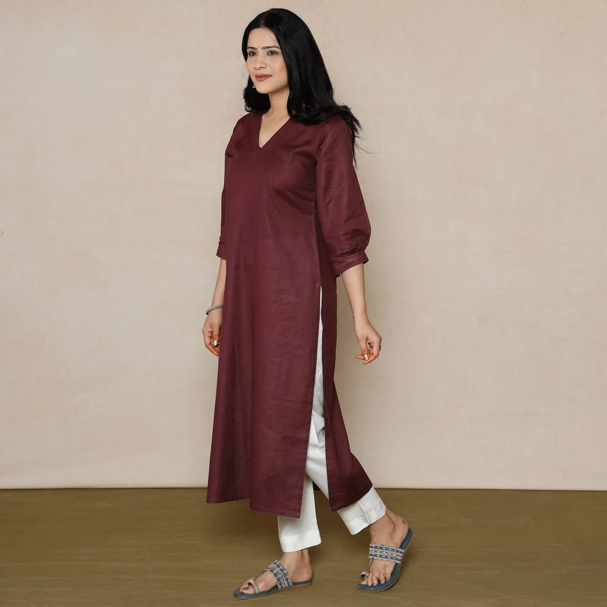 Maroon - Linen Viscose Plain Long Kurta