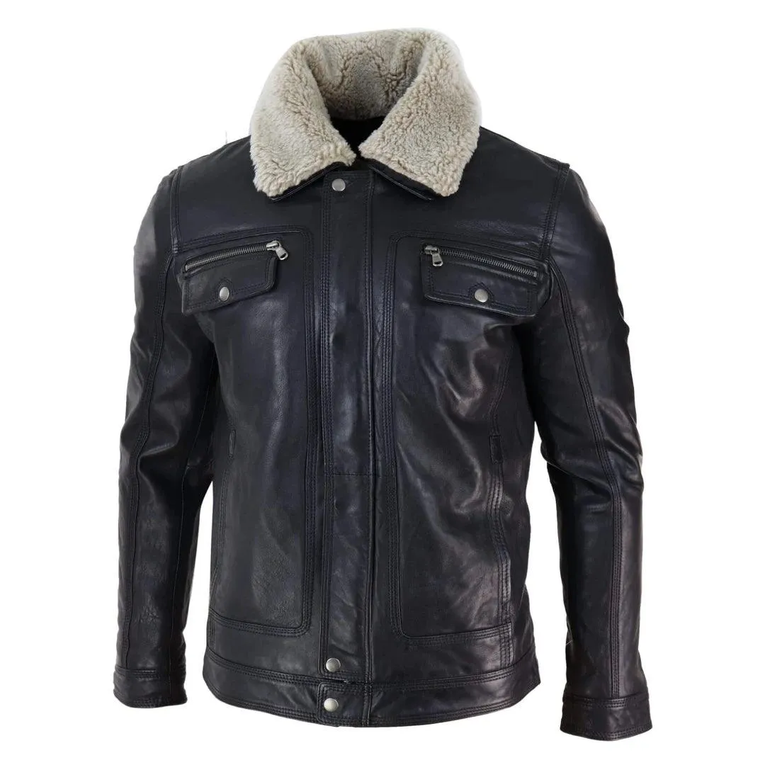 Mens Black brown Real Leather Jacket Sheepskin Collar Short Zip Button