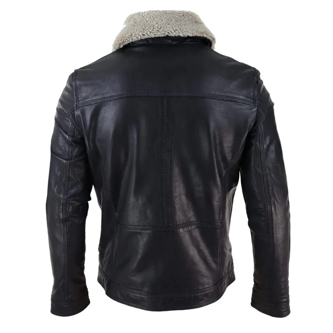 Mens Black brown Real Leather Jacket Sheepskin Collar Short Zip Button