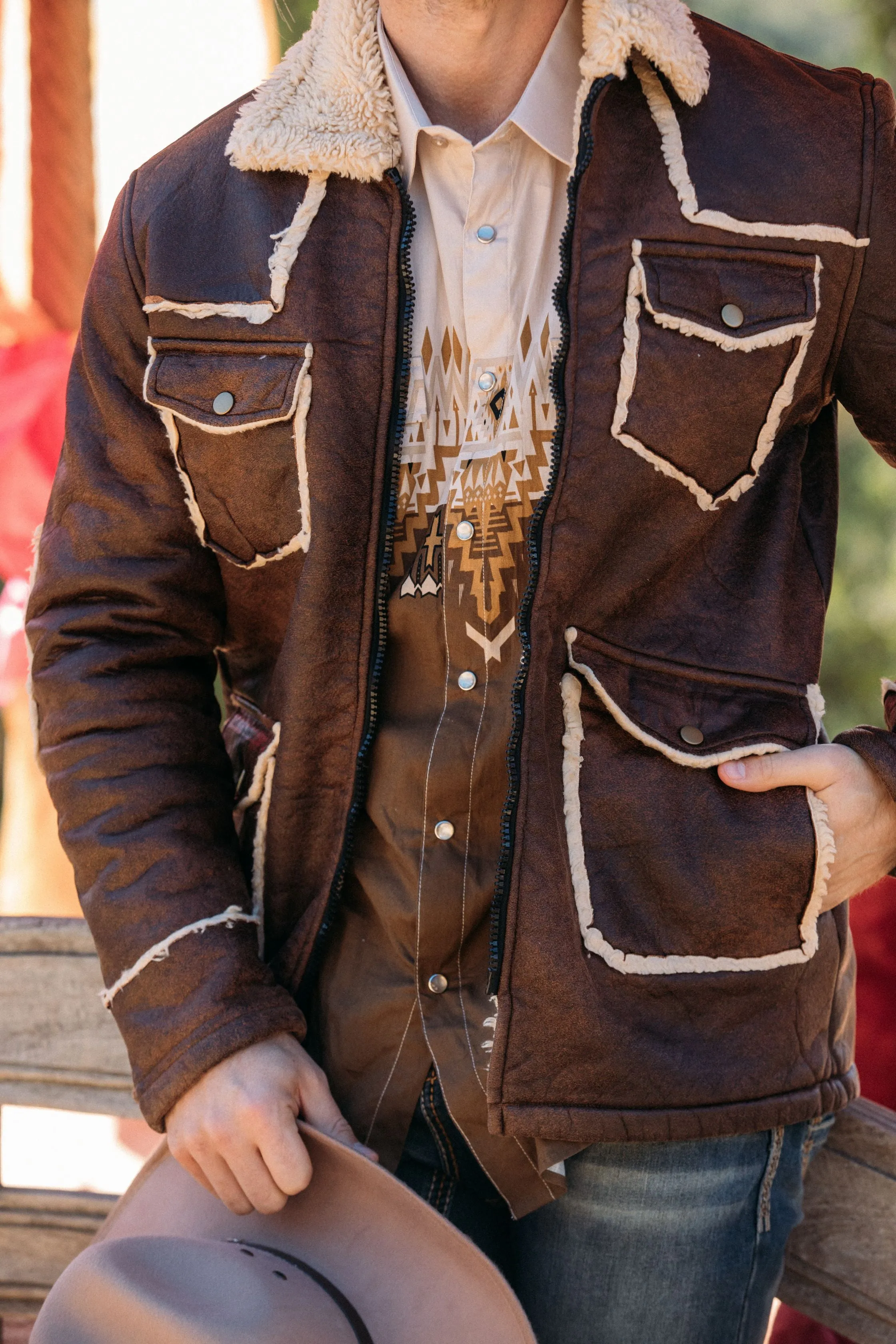 Men's Brown Suede Jacket w/ Faux Shearling-lined