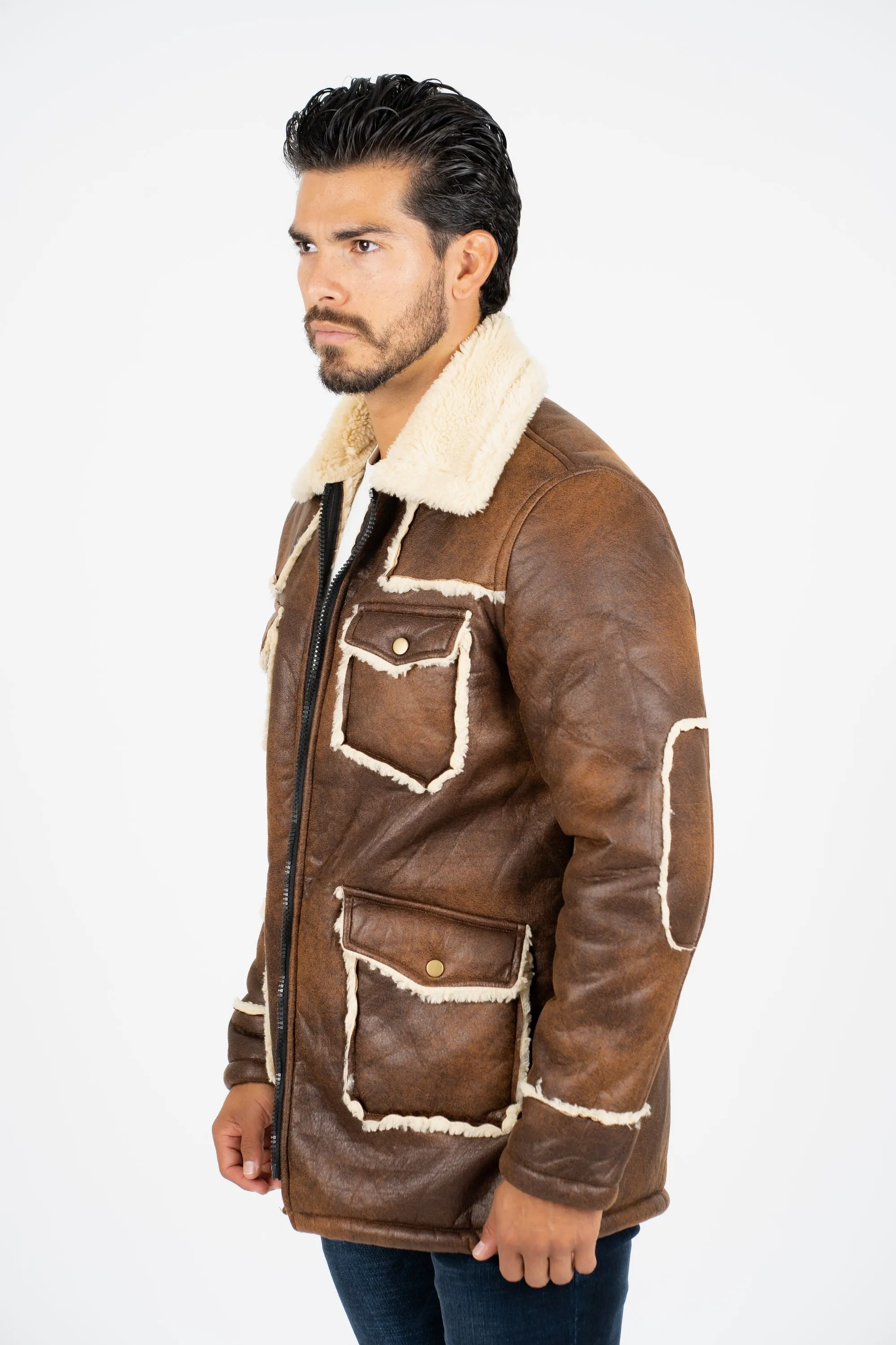 Men's Brown Suede Jacket w/ Faux Shearling-lined