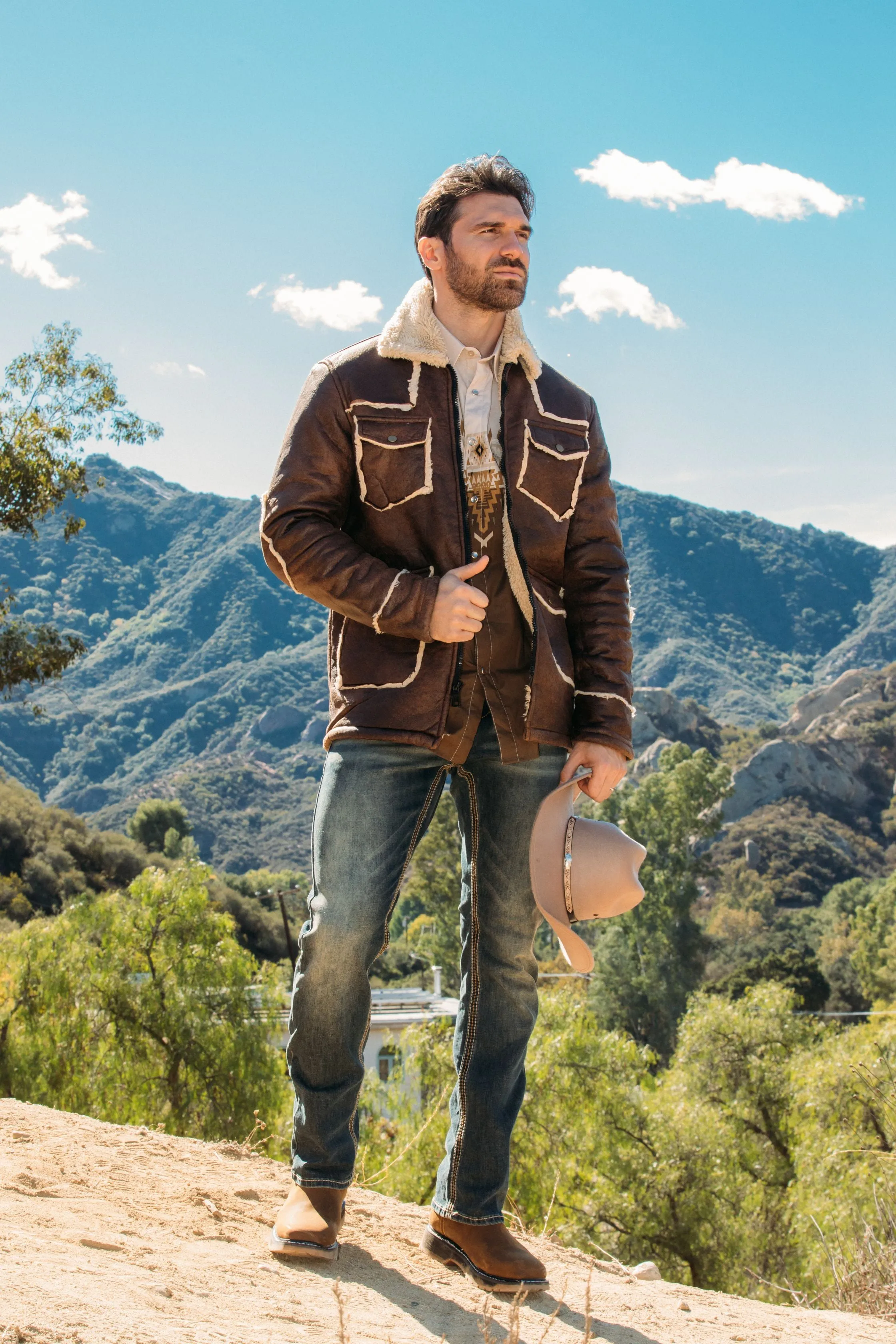 Men's Brown Suede Jacket w/ Faux Shearling-lined