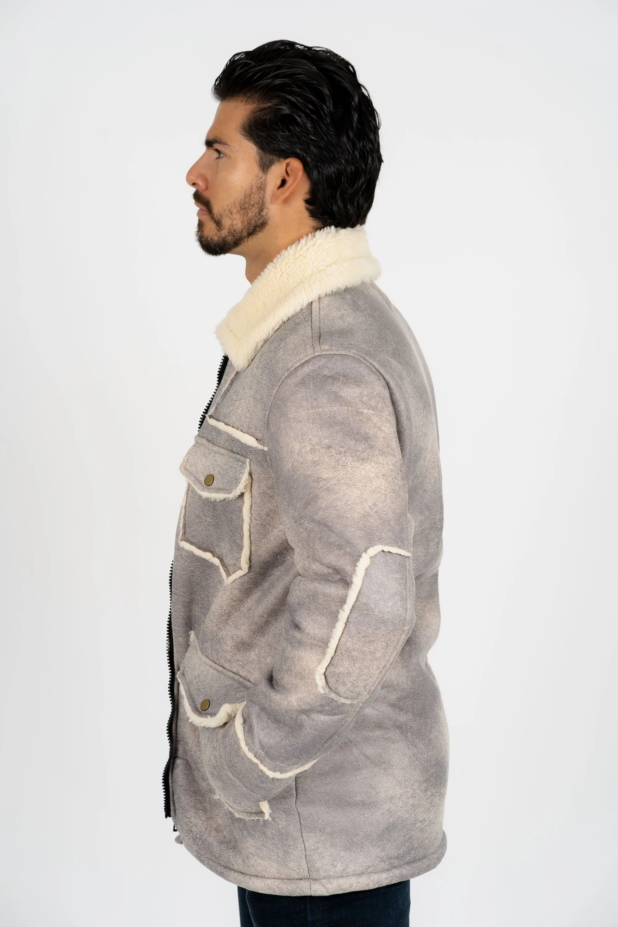 Men's Light Gray Suede Jacket w/ Faux Shearling-lined