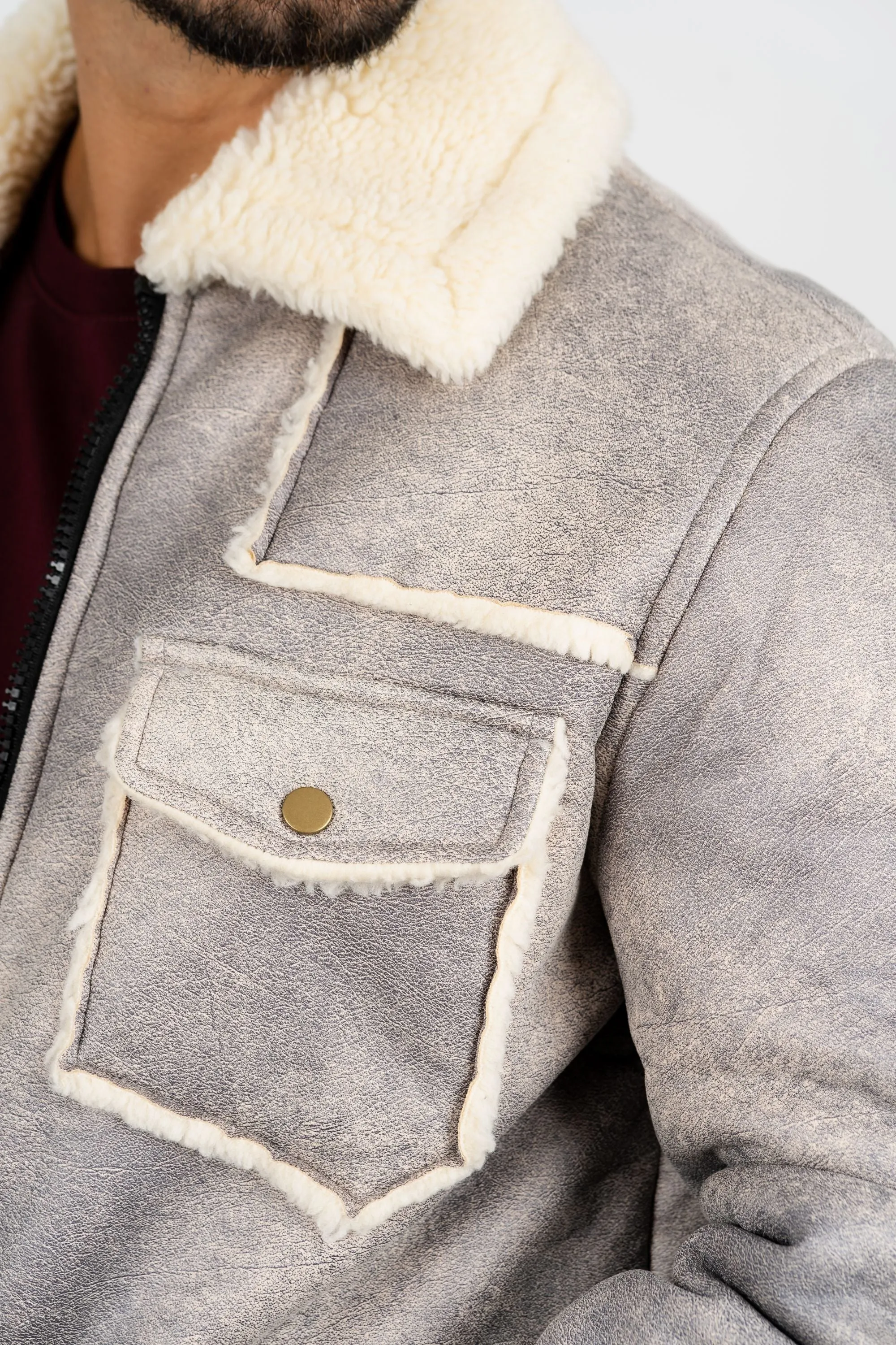 Men's Light Gray Suede Jacket w/ Faux Shearling-lined