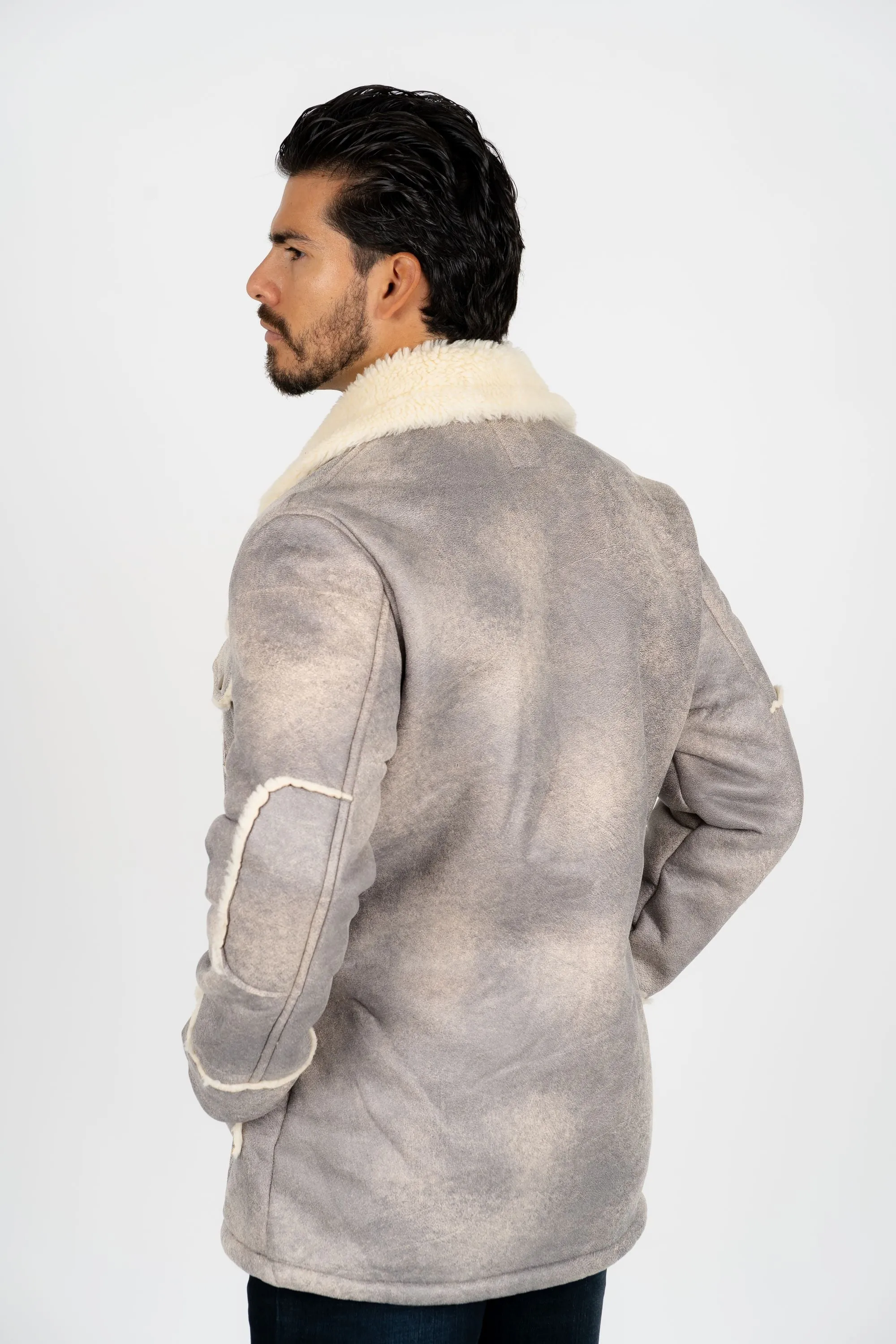 Men's Light Gray Suede Jacket w/ Faux Shearling-lined