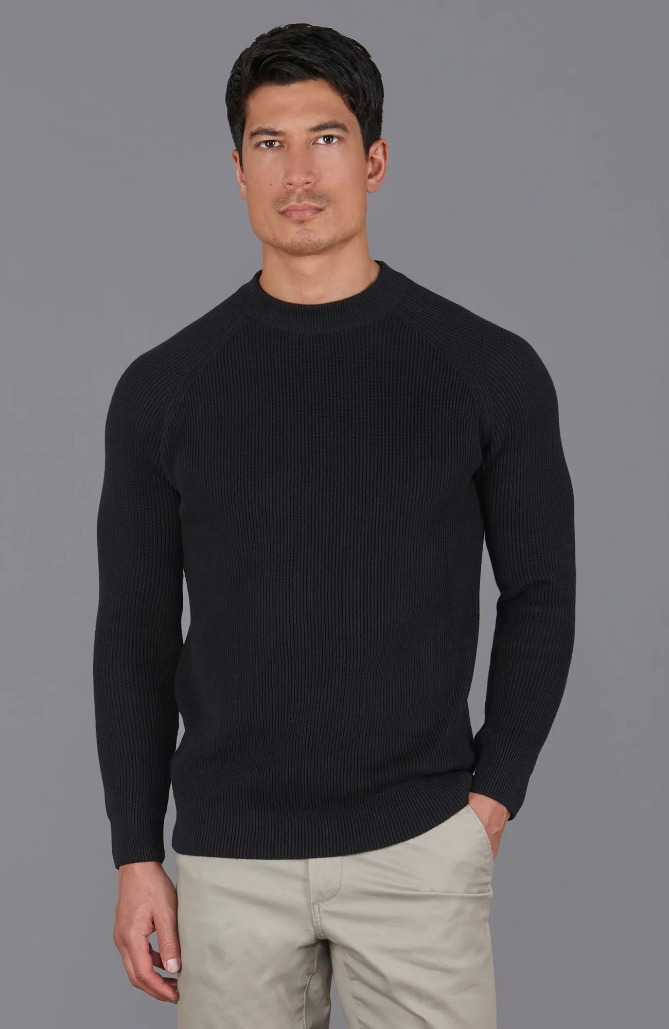 Mens Midweight Cotton Ribbed High Crew Neck Jumper