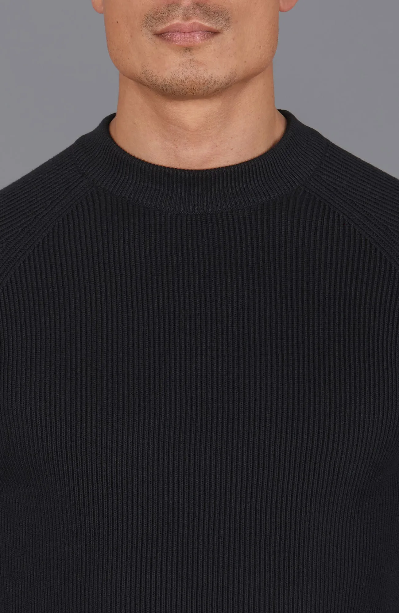 Mens Midweight Cotton Ribbed High Crew Neck Jumper