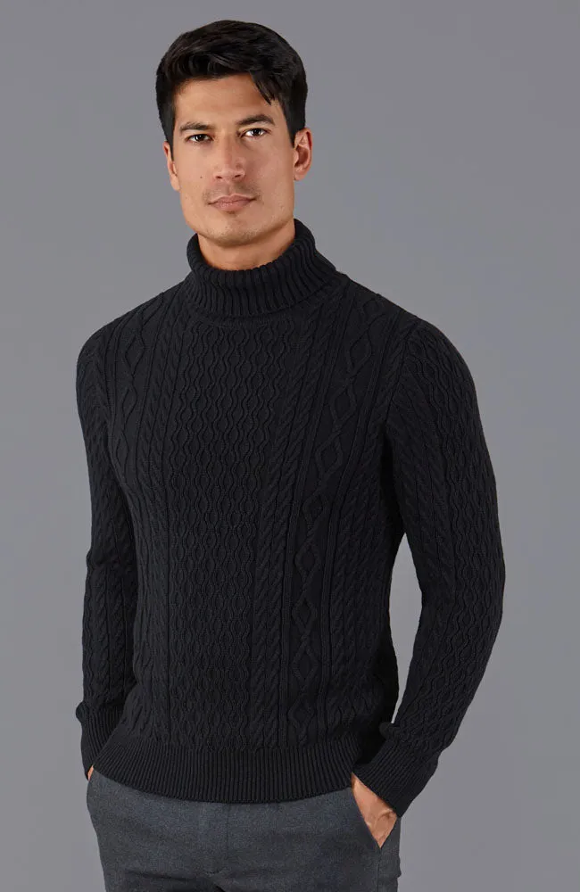 Mens Midweight Cotton Roll Neck Cable Jumper