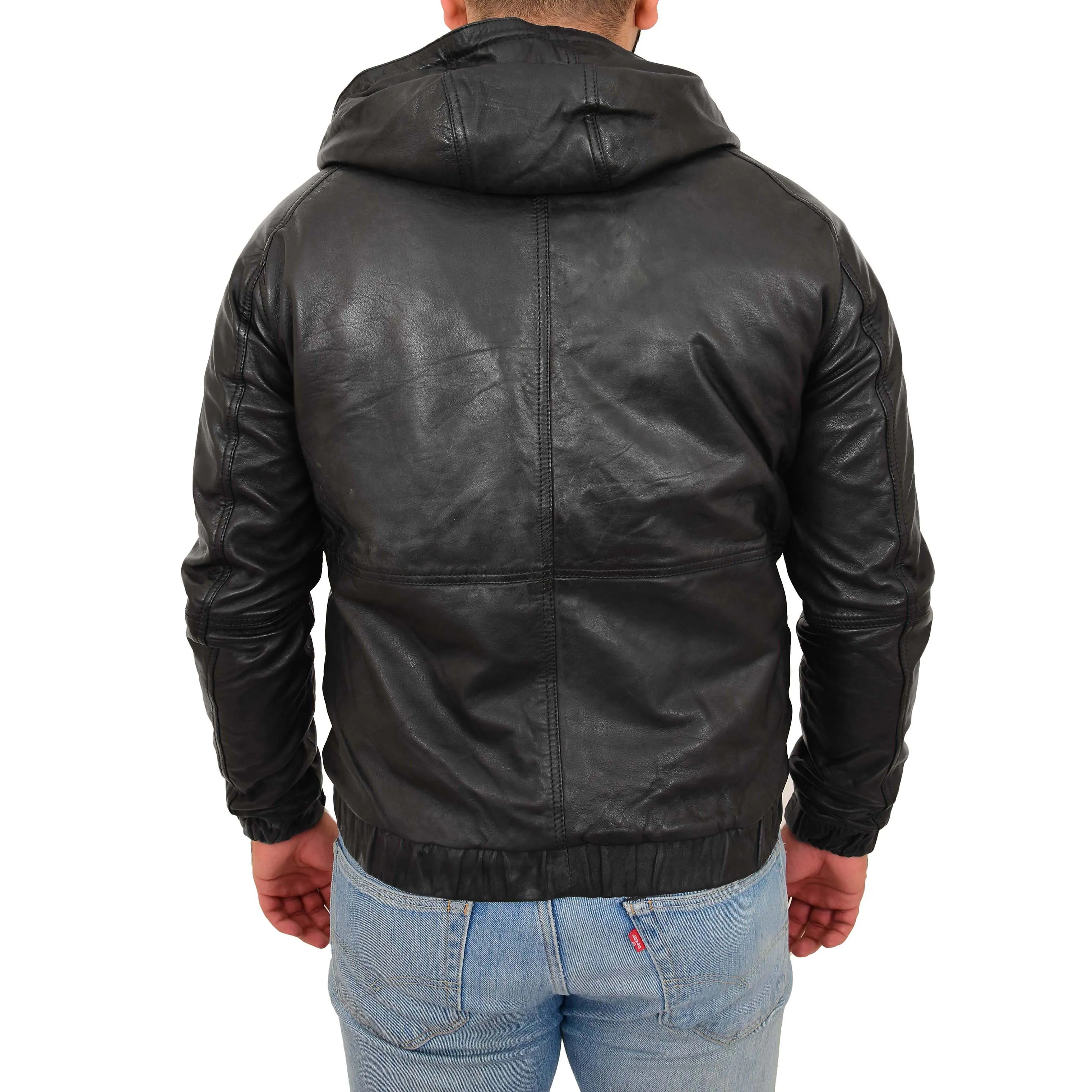 Mens Real Black Leather Bomber Hooded Jacket Coat Kent