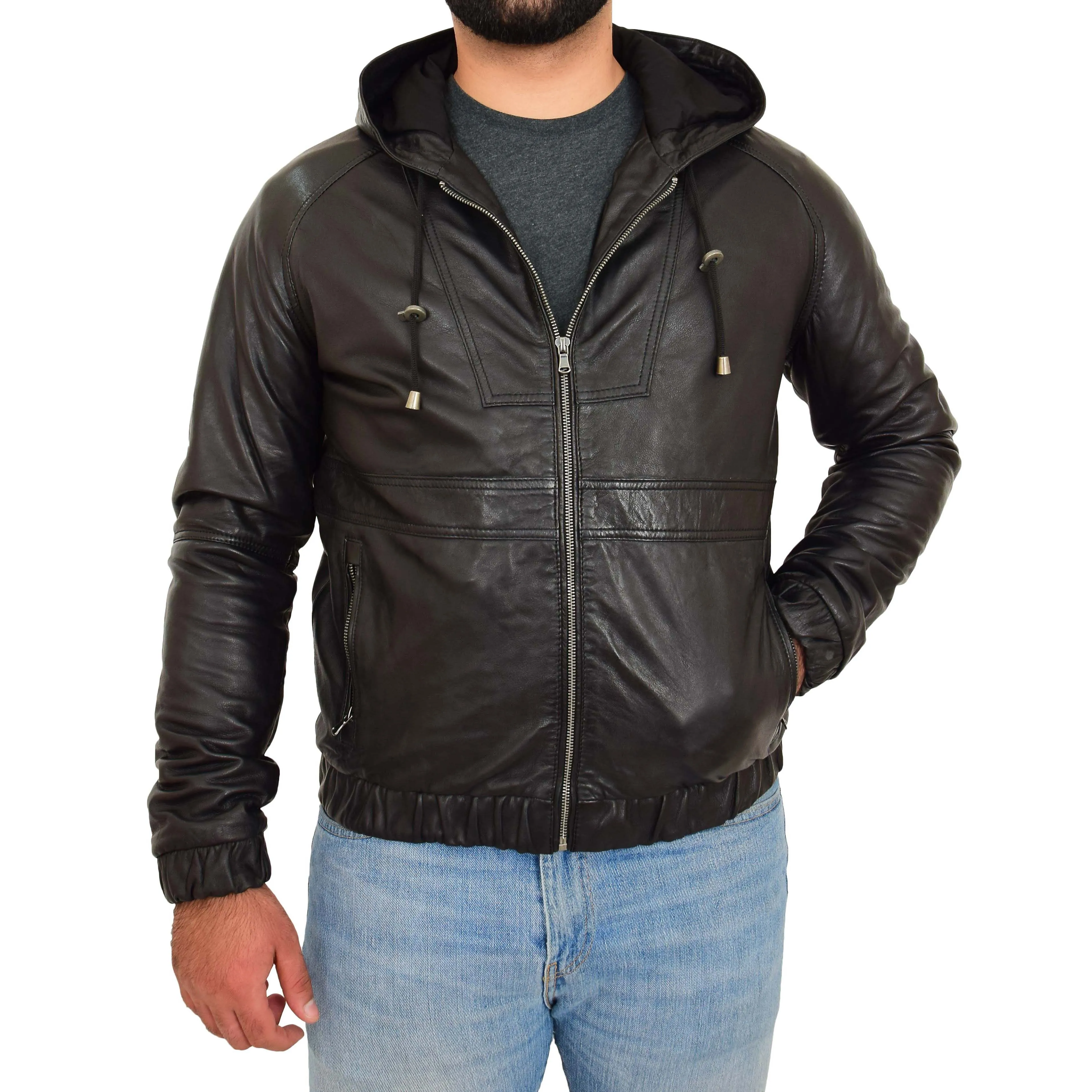 Mens Real Black Leather Bomber Hooded Jacket Coat Kent