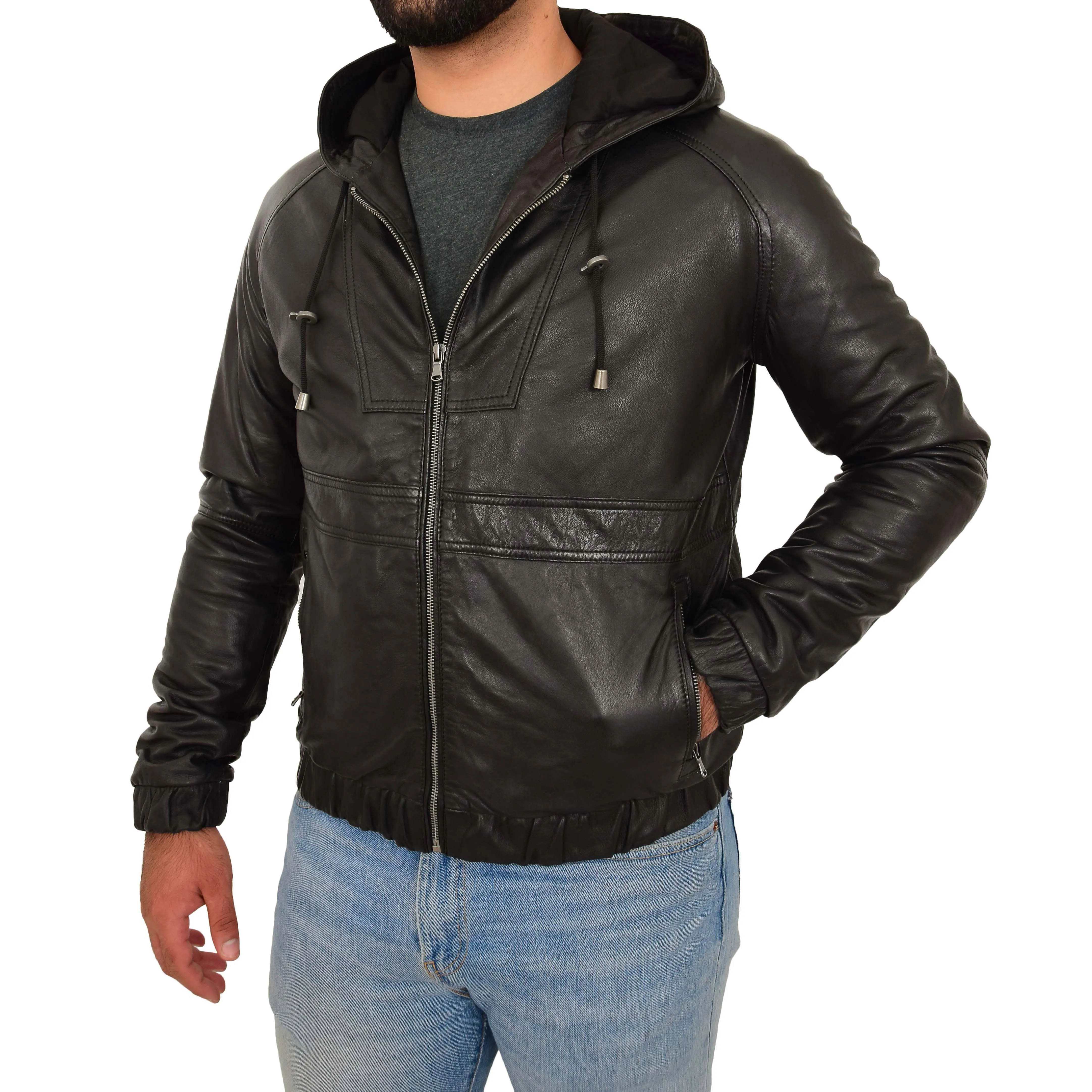 Mens Real Black Leather Bomber Hooded Jacket Coat Kent