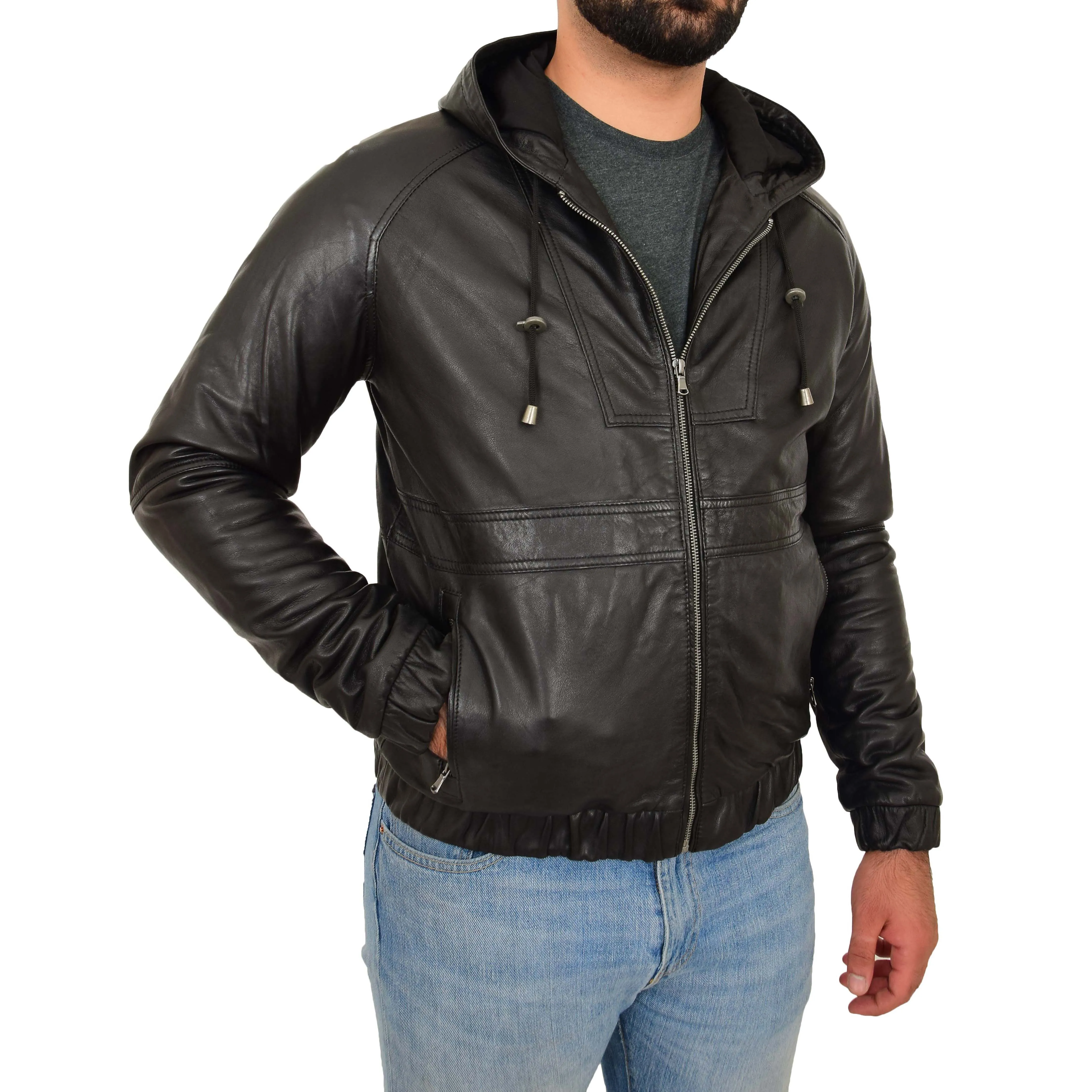 Mens Real Black Leather Bomber Hooded Jacket Coat Kent