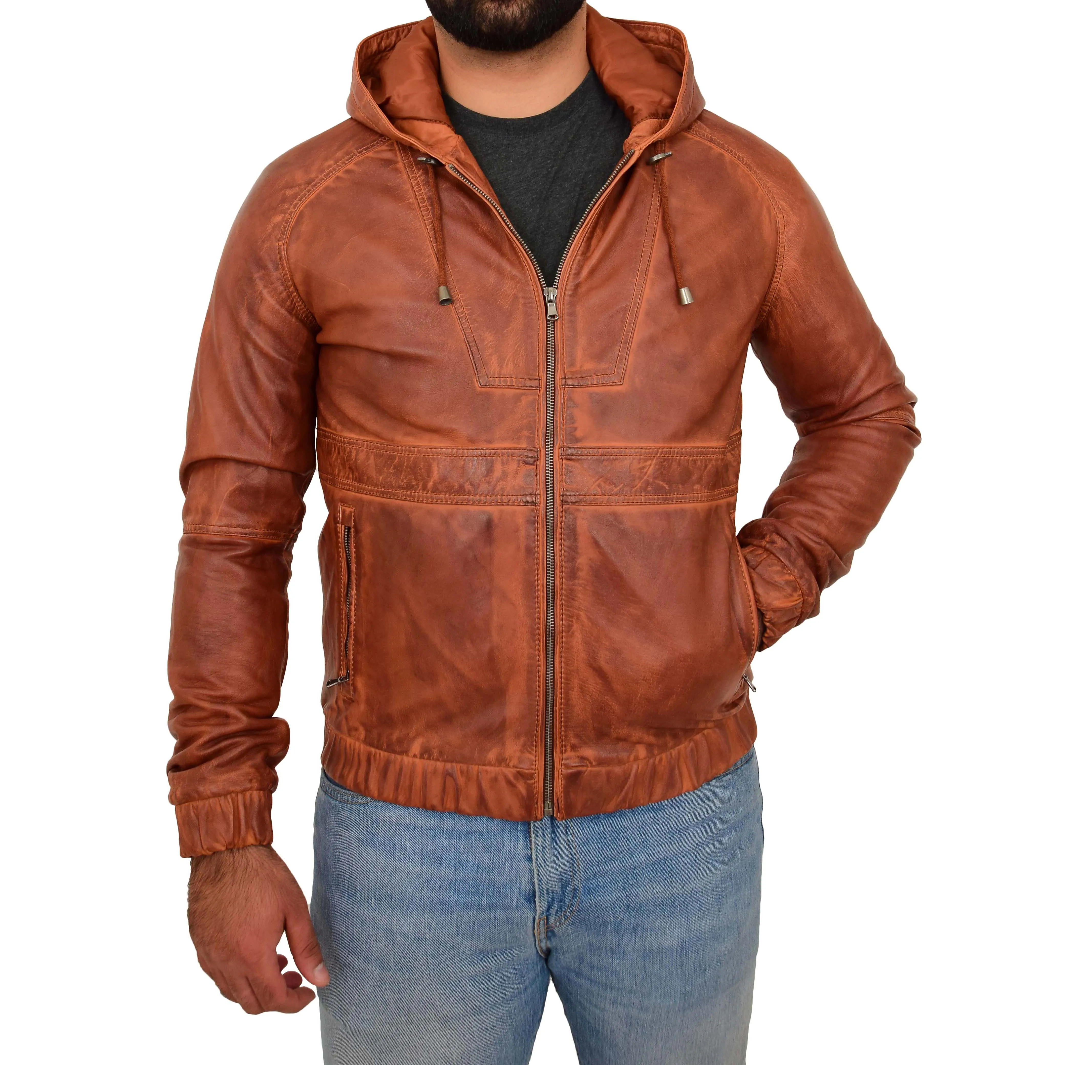 Mens Real Leather Bomber Jacket Hooded Two Tone Kent Tan